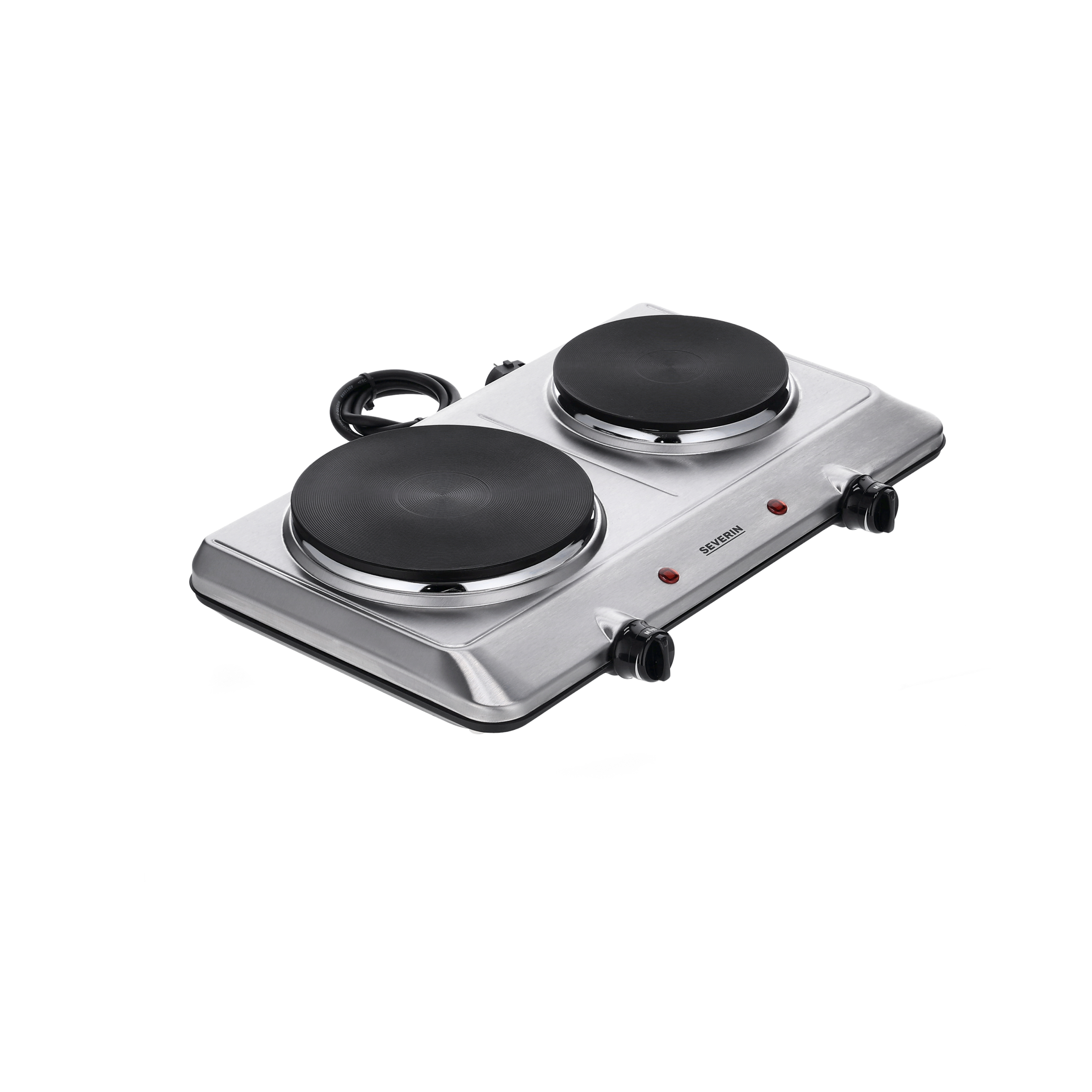 Srebrna przenośna kuchenka z dwoma czarnymi płytami grzewczymi. Kuchenka ma dwie czerwone lampki kontrolne i pokrętła.