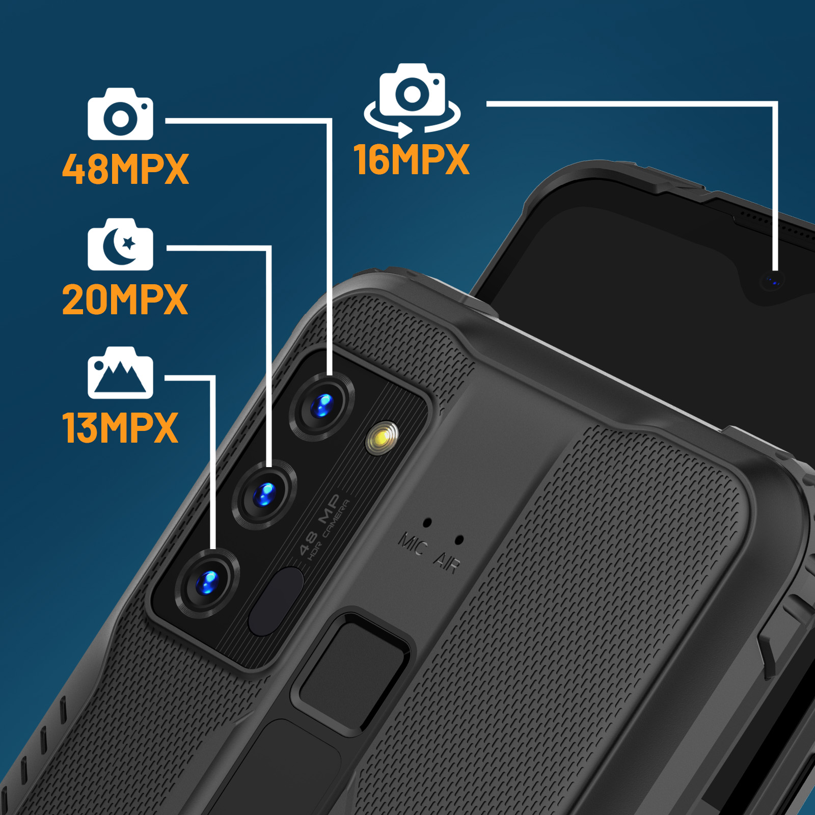 Schwarzes Telefon mit Kameradetails. 48MPX, 20MPX, 13MPX Kameraspezifikationen und 16MPX Kamera-Symbol.