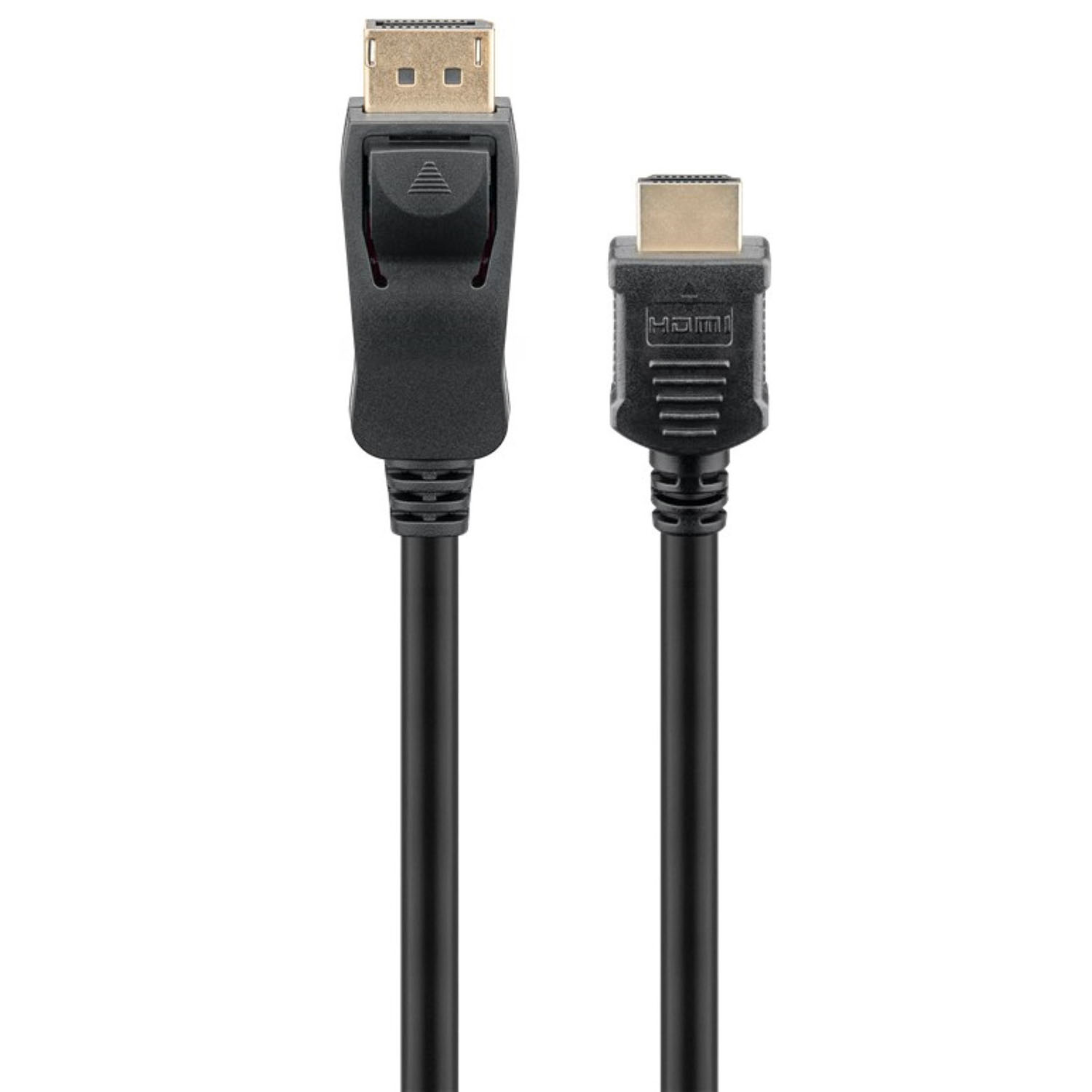 Ein schwarzes HDMI-Kabel mit einem DisplayPort-Stecker und einem HDMI-Stecker.