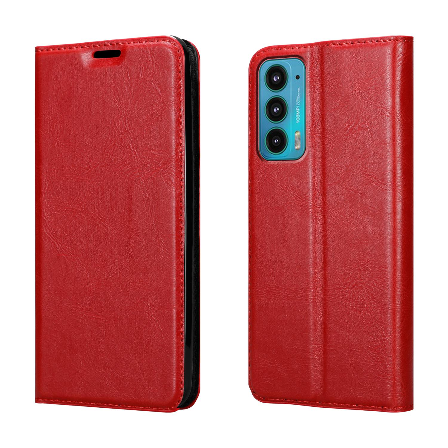 Rote Leder-Handyhülle, links geschlossen, rechts offen mit Telefon.