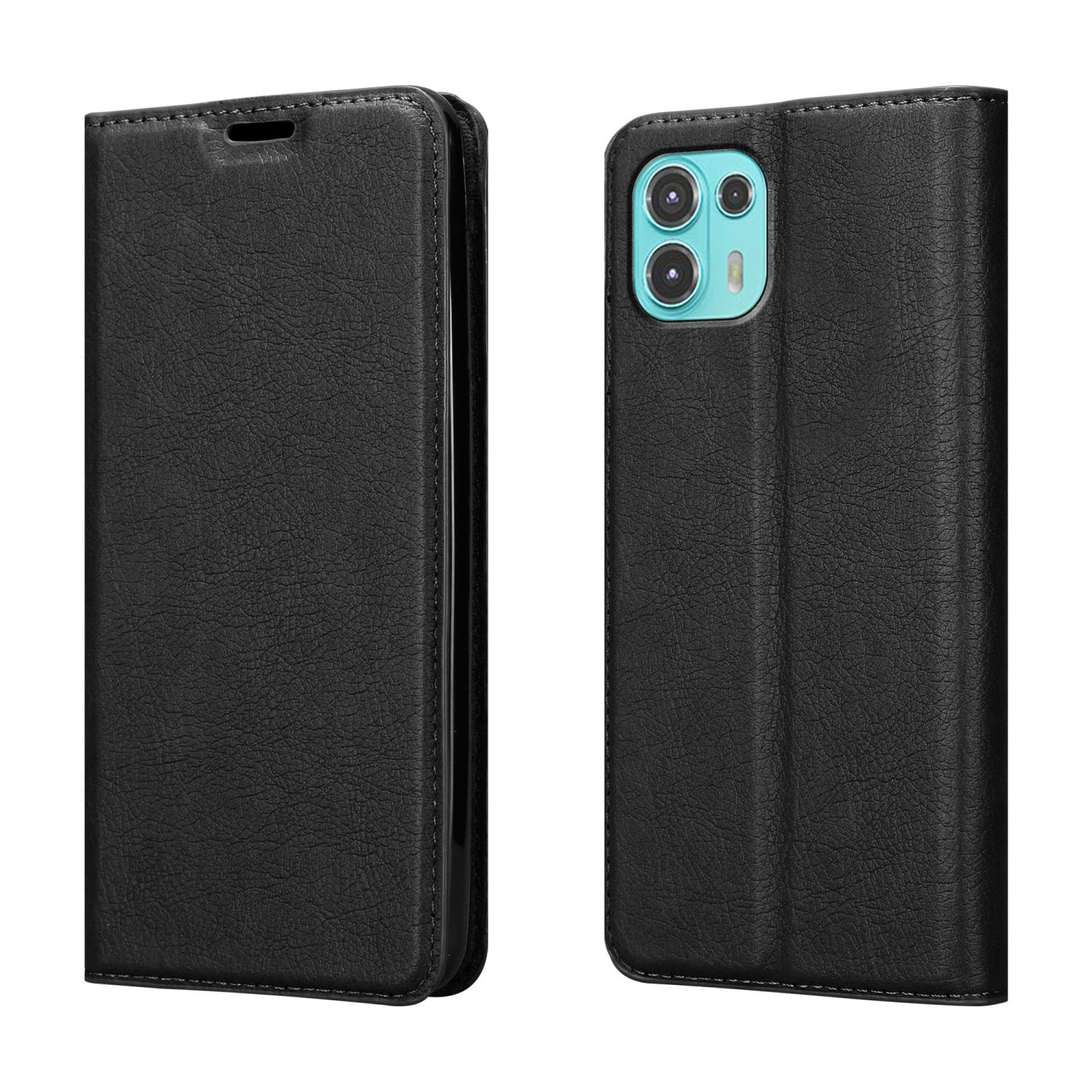 Due viste di una custodia per telefono nera. Una aperta, una chiusa. Il telefono ha un'area fotocamera blu.