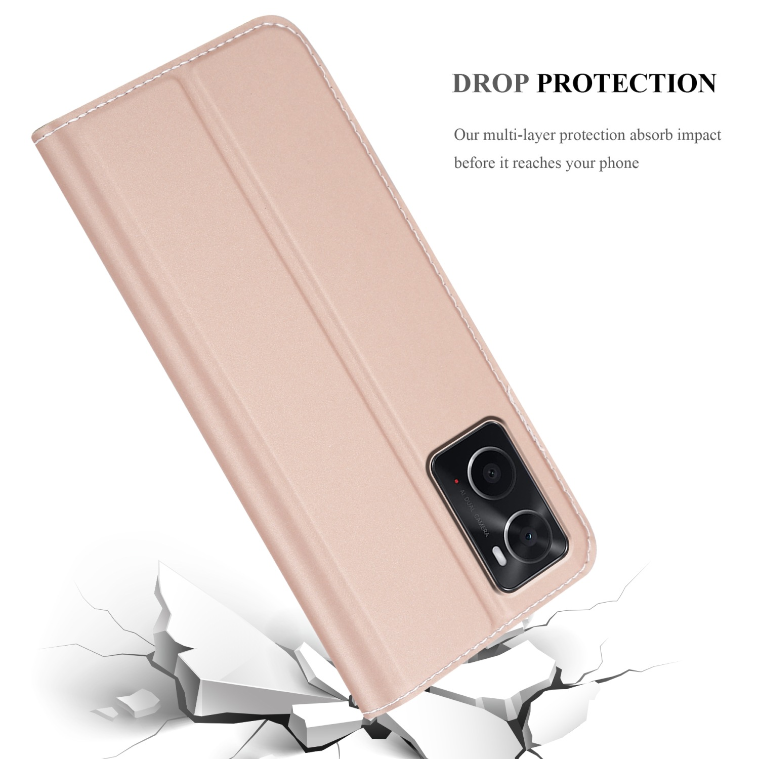 Custodia per telefono rosa con copertura aperta. La custodia è su una superficie con crepe. Sfondo bianco. Testo 'Drop Protection' sopra.
