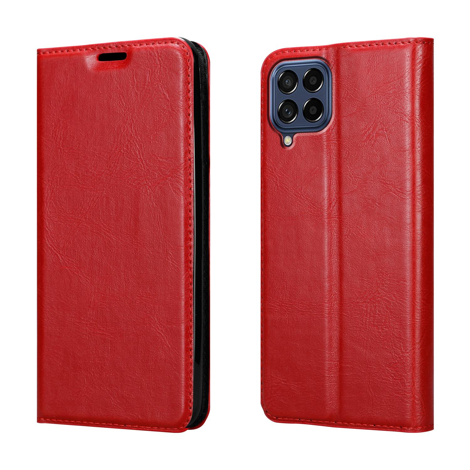 Custodia rossa per telefono, vista fronte e retro, con bordo nero su sfondo bianco.