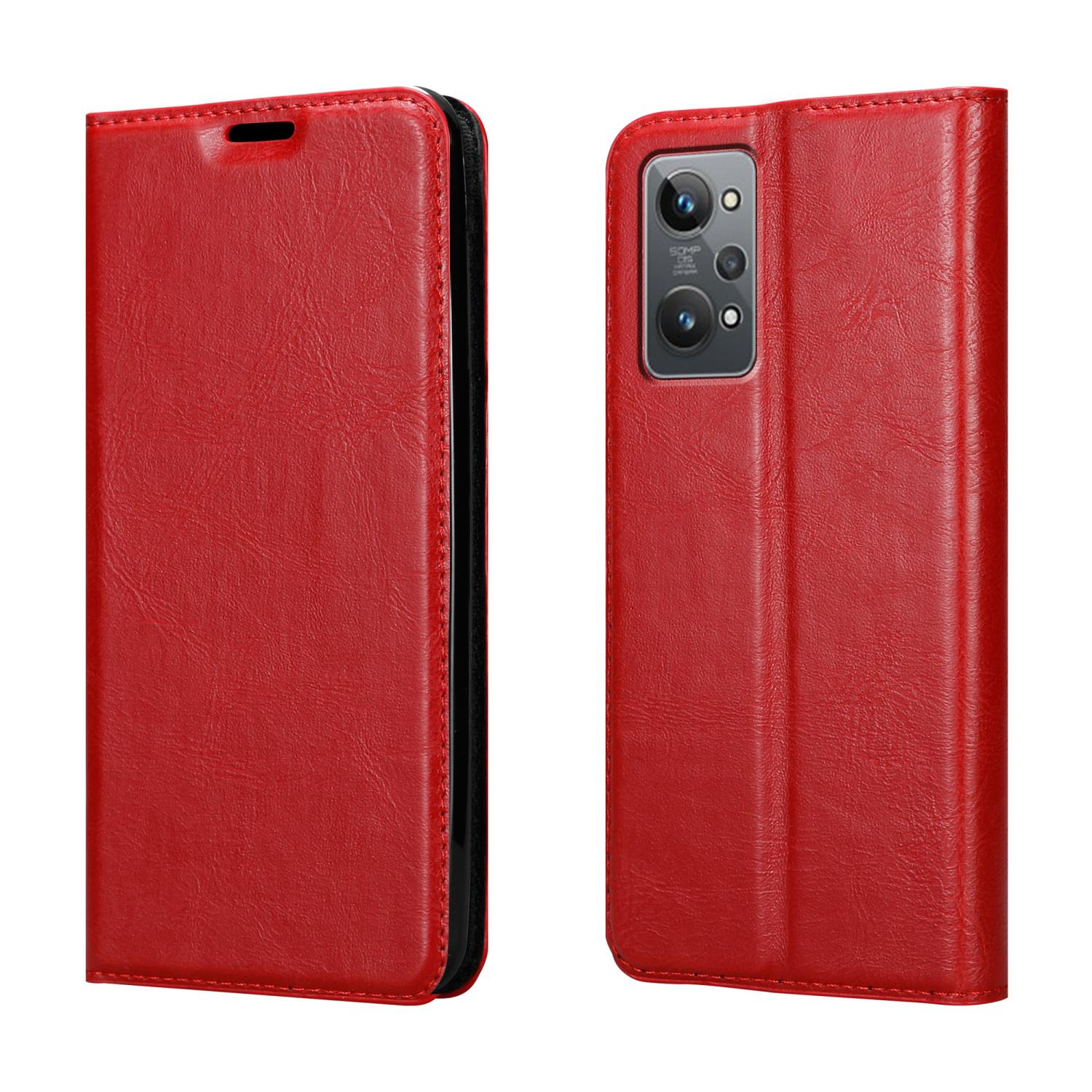 Custodia per telefono in pelle rossa aperta, che mostra la fotocamera e lo schermo del telefono.