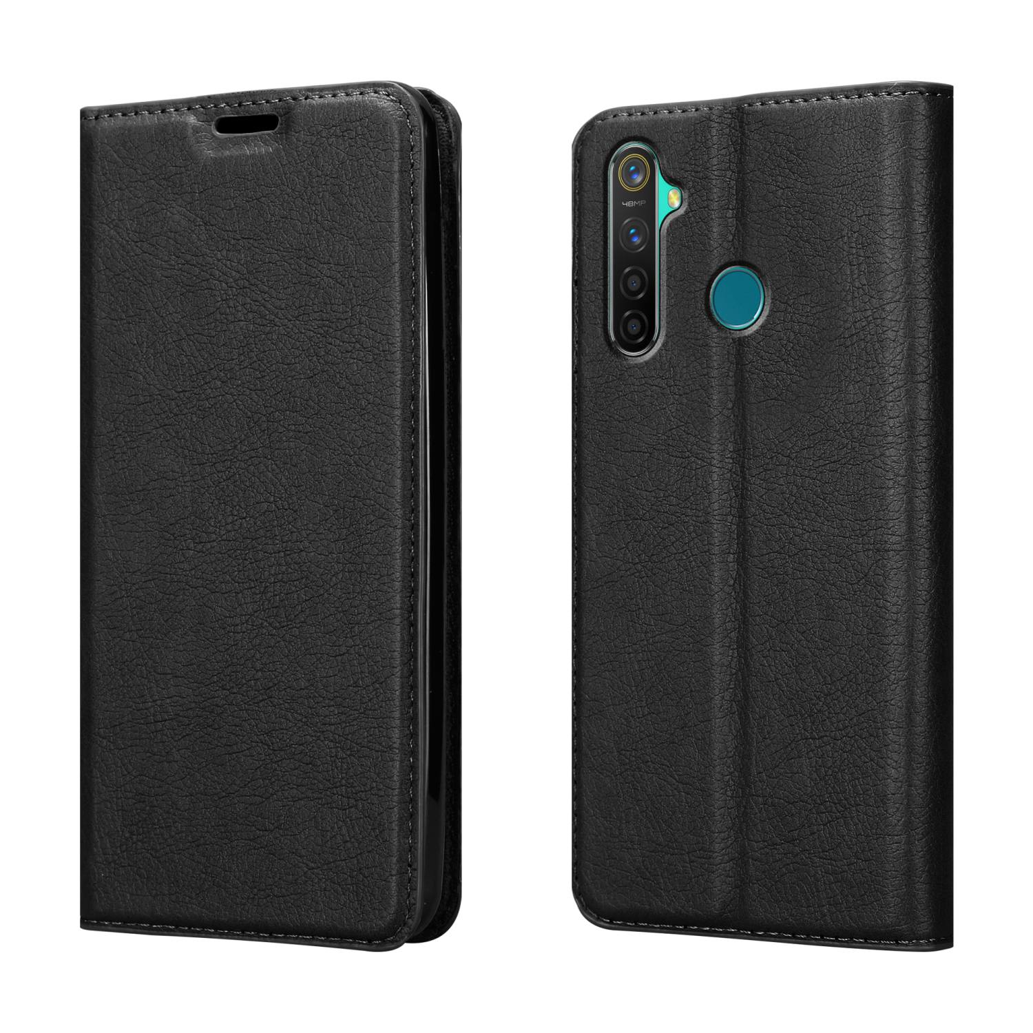 Custodia per telefono in pelle nera, aperta e chiusa, per smartphone, con chiusura magnetica.