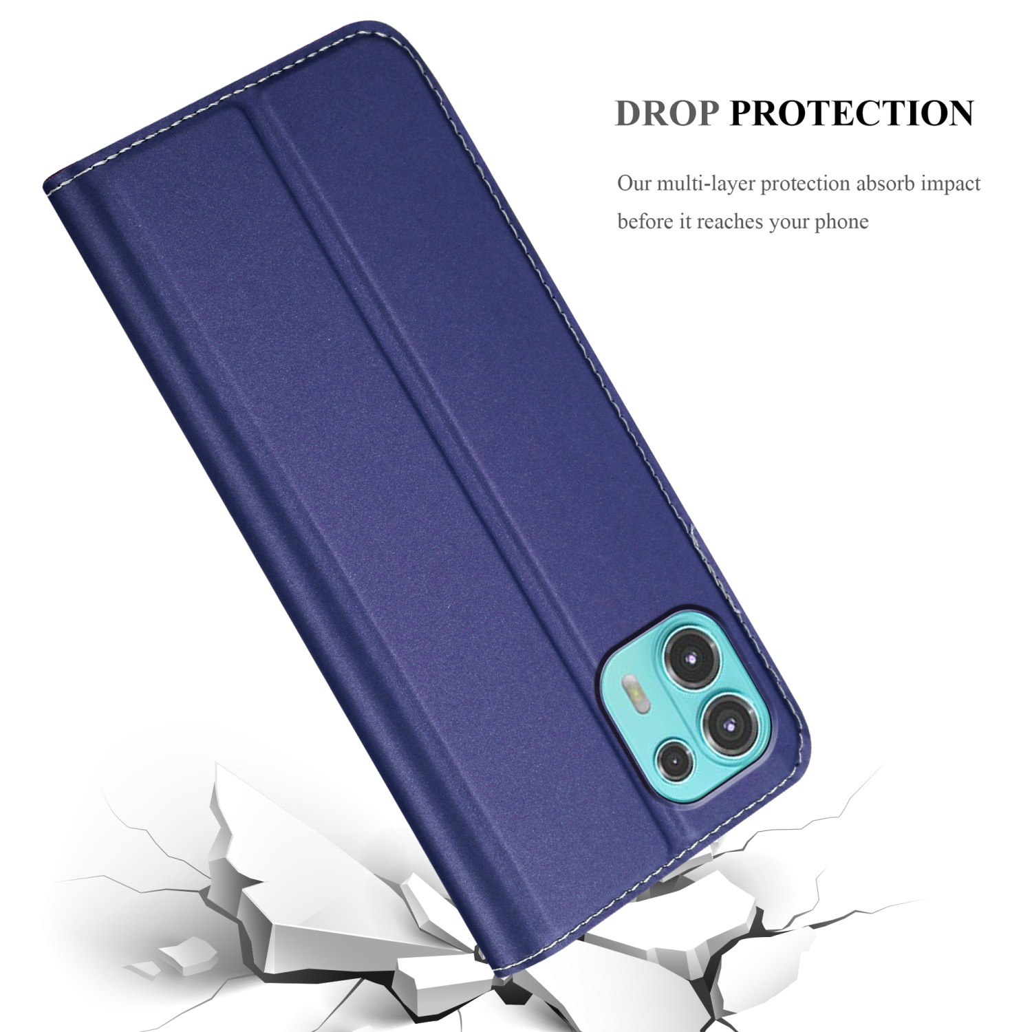 Custodia blu con telefono dentro, con testo 'DROP PROTECTION'.