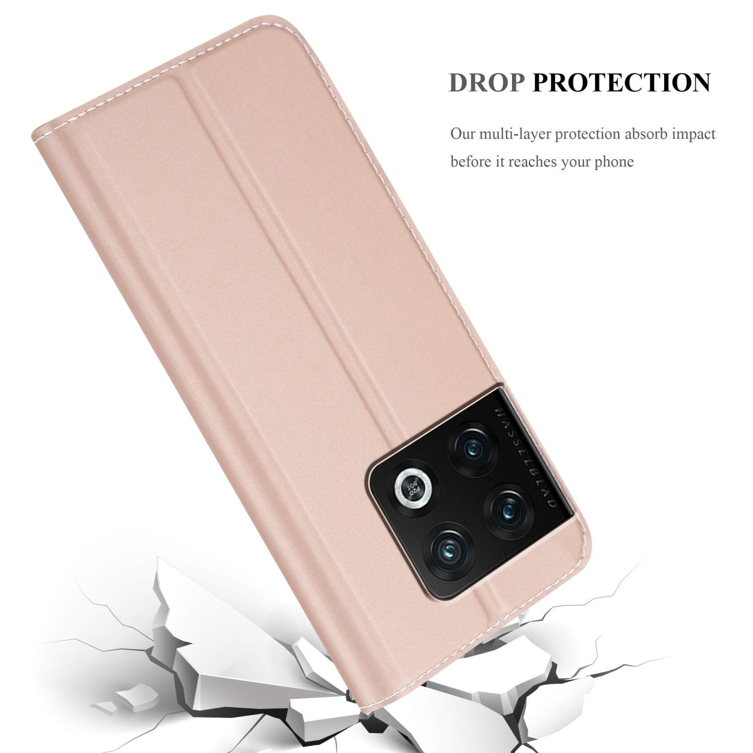 Custodia rosa per telefono con protezione dalle cadute e fotocamera.