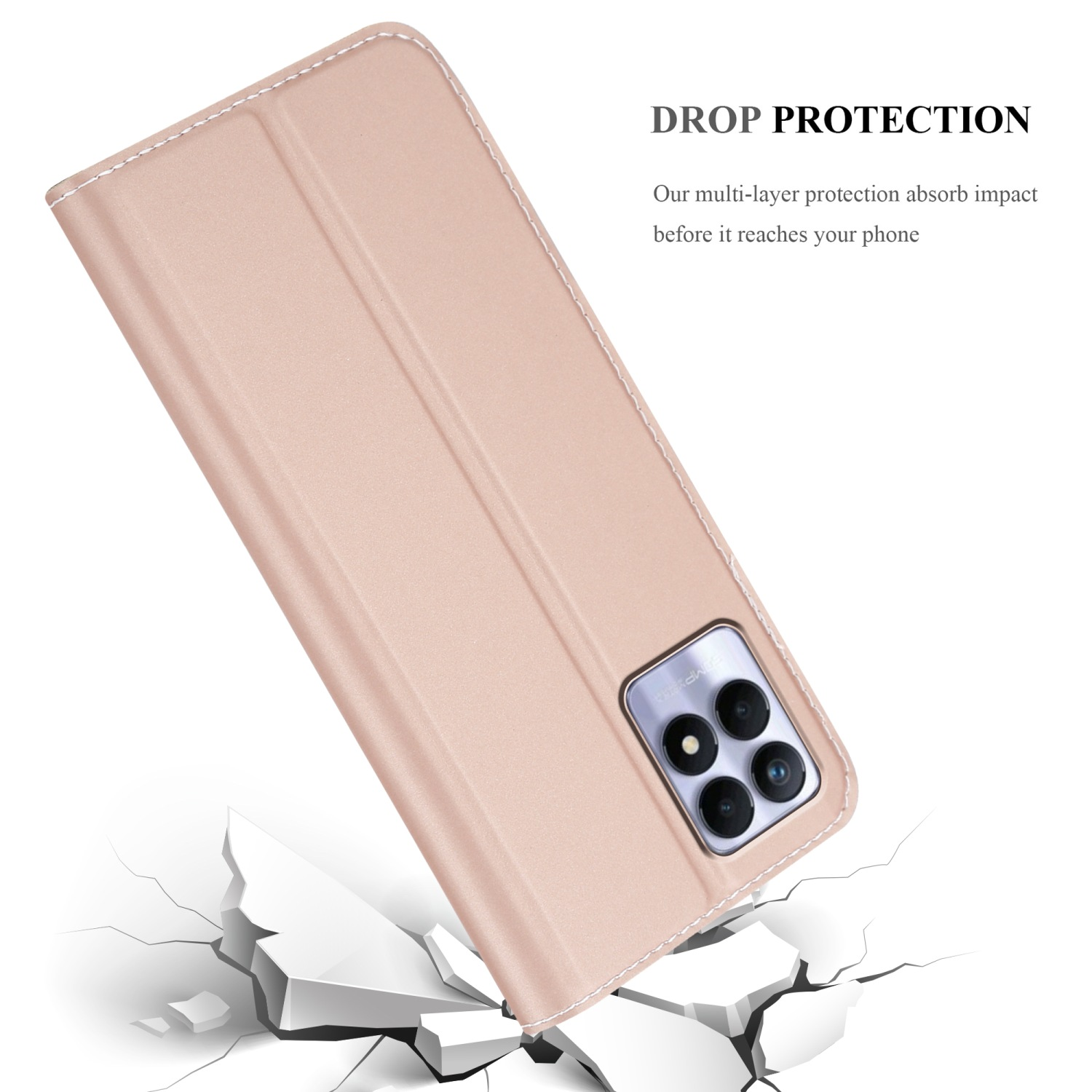 Una custodia per telefono rosa chiaro, con telefono e superficie rotta sotto.