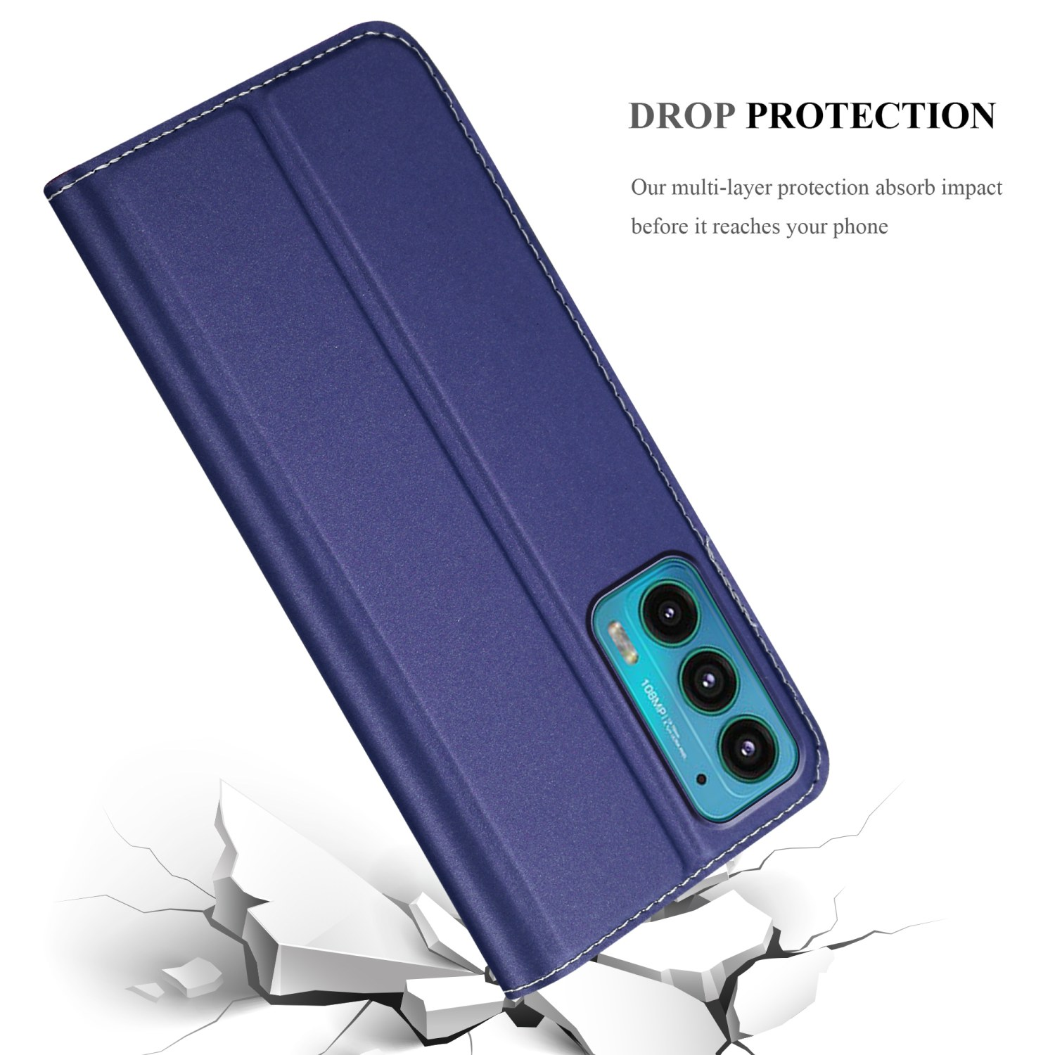 Una custodia blu per telefono con cuciture bianche, che mostra un telefono e il testo di protezione dalle cadute.