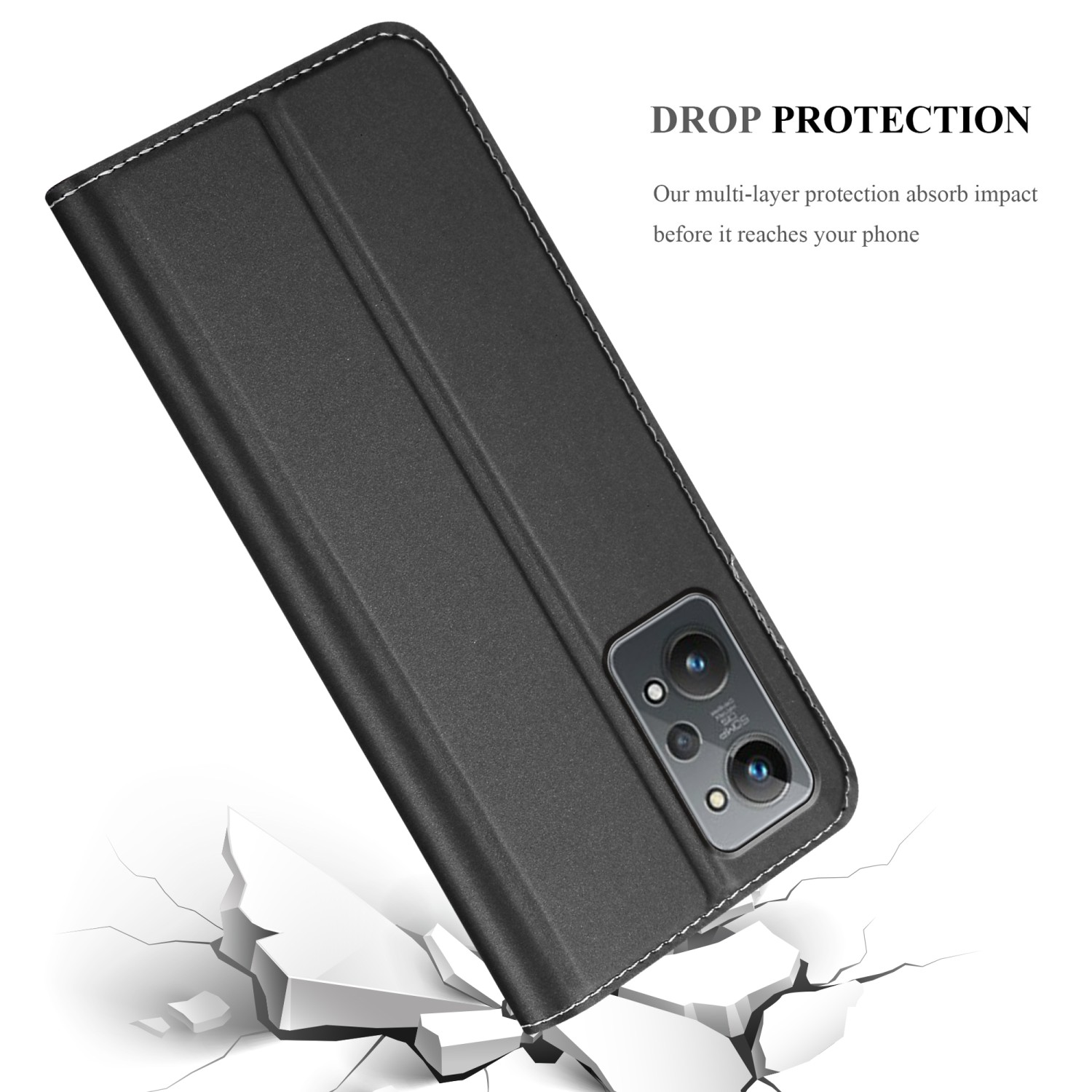 Custodia per telefono nera con cucitura bianca ed effetto vetro rotto. Testo: DROP PROTECTION.