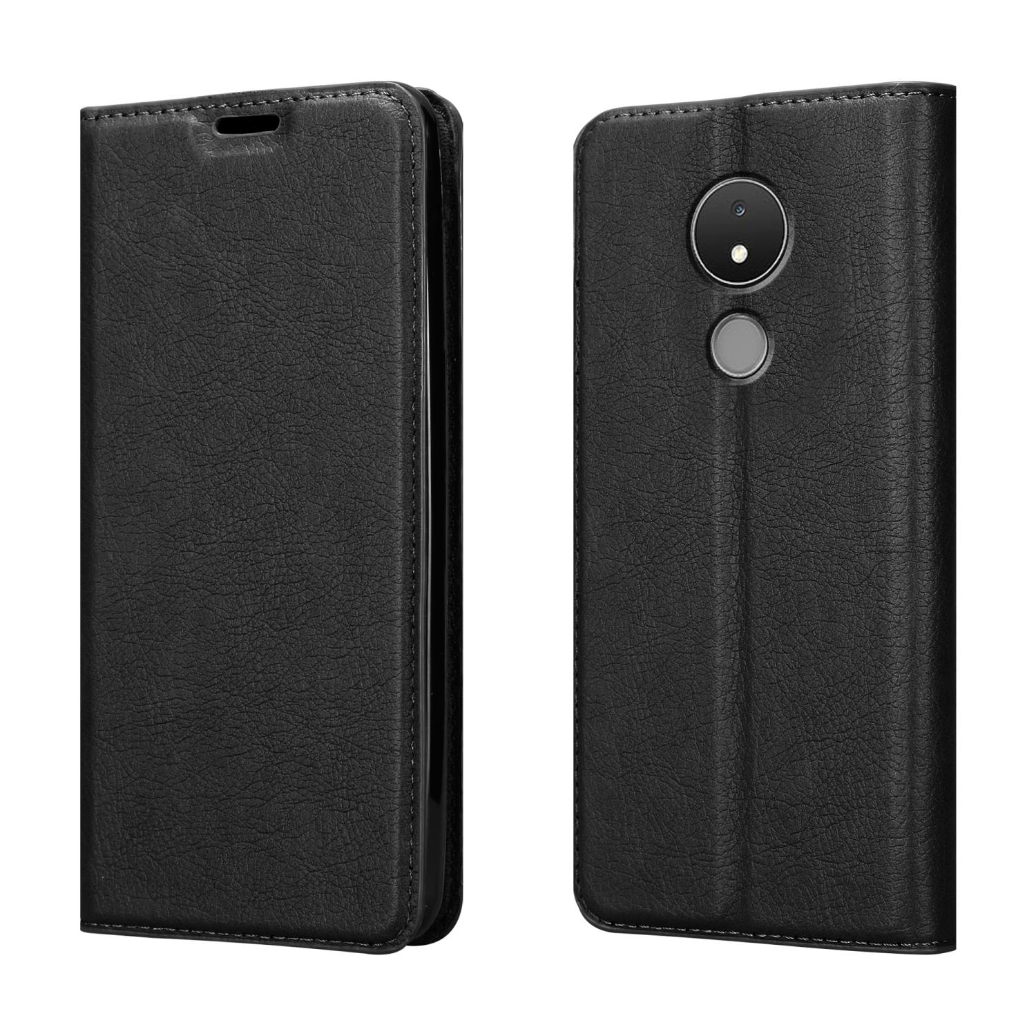 Eine schwarze Leder-Handyhülle, geöffnet, um das Telefon und seine Kamera zu zeigen.
