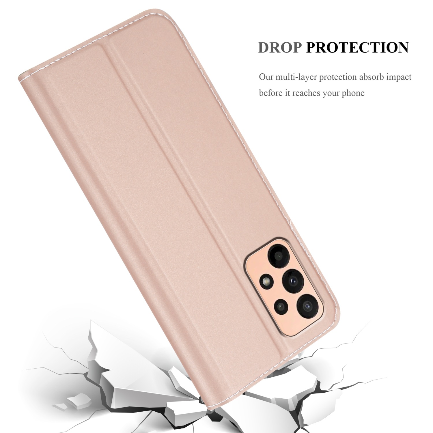 Rosa Handyhülle mit Handy, Text 'DROP PROTECTION' und Rissen. Weißer Hintergrund.