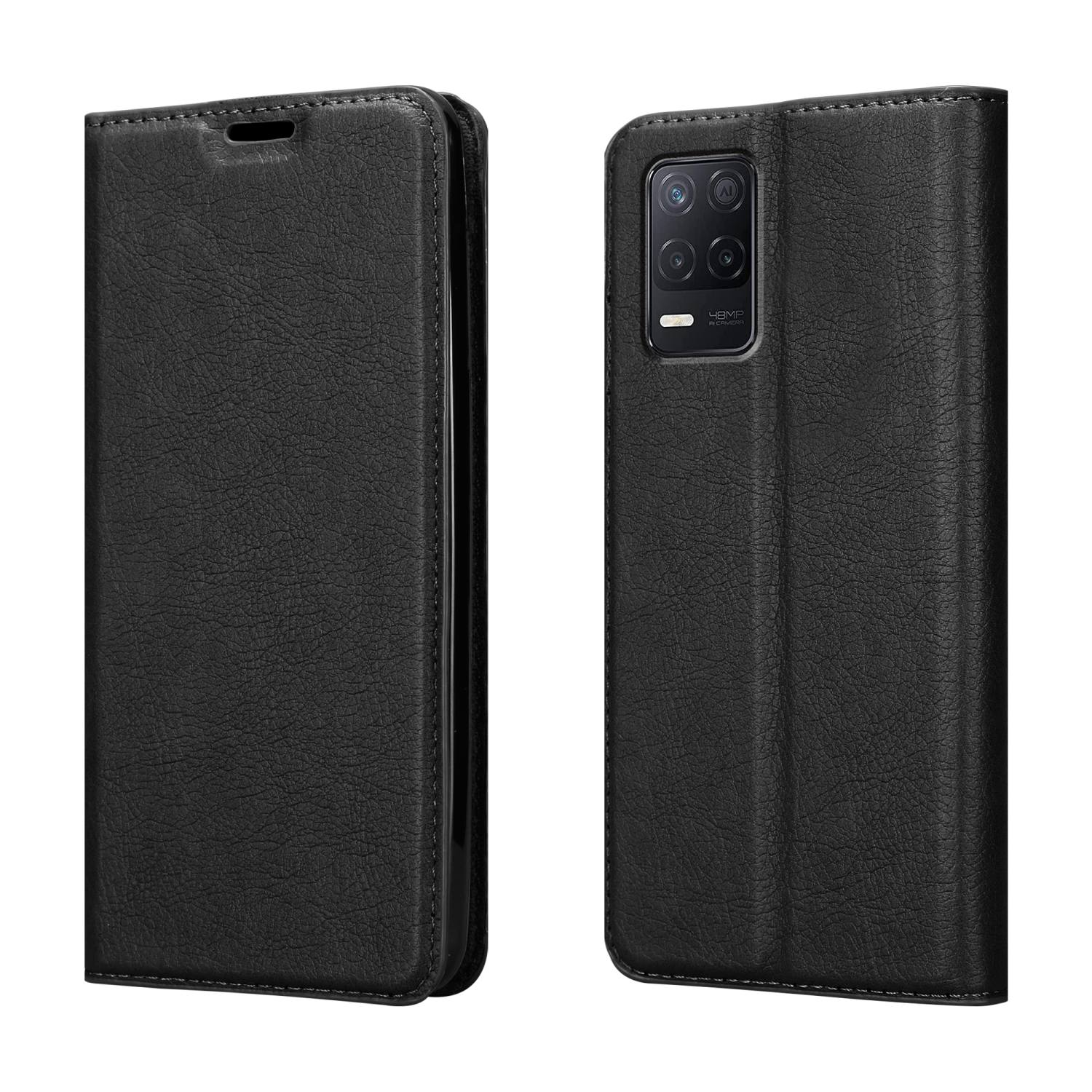 Custodia per telefono in pelle nera, aperta. Il telefono è visibile, con area fotocamera nera e sfondo bianco.
