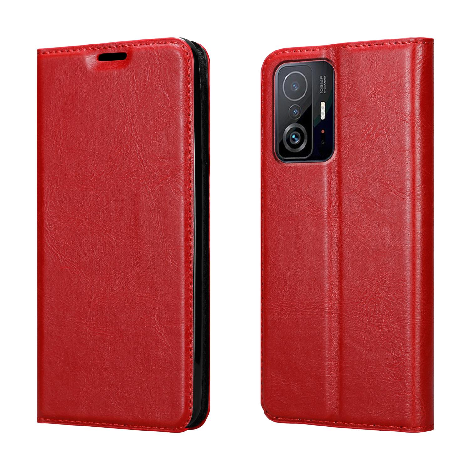 Custodia per telefono rossa, aperta, che mostra lo schermo del telefono. Due lati. Interno nero.