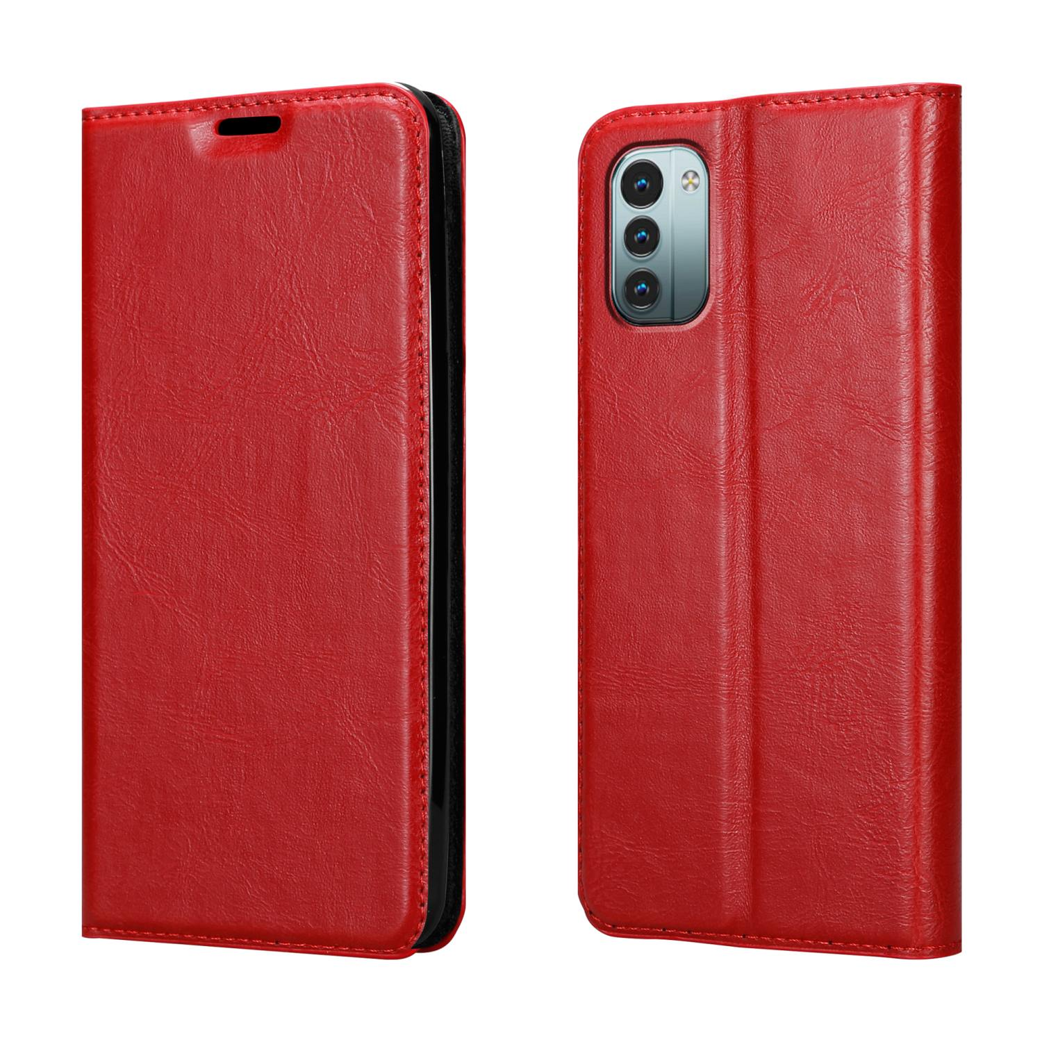 Una custodia per telefono rossa. La custodia è su sfondo bianco. La custodia è in stile portafoglio.