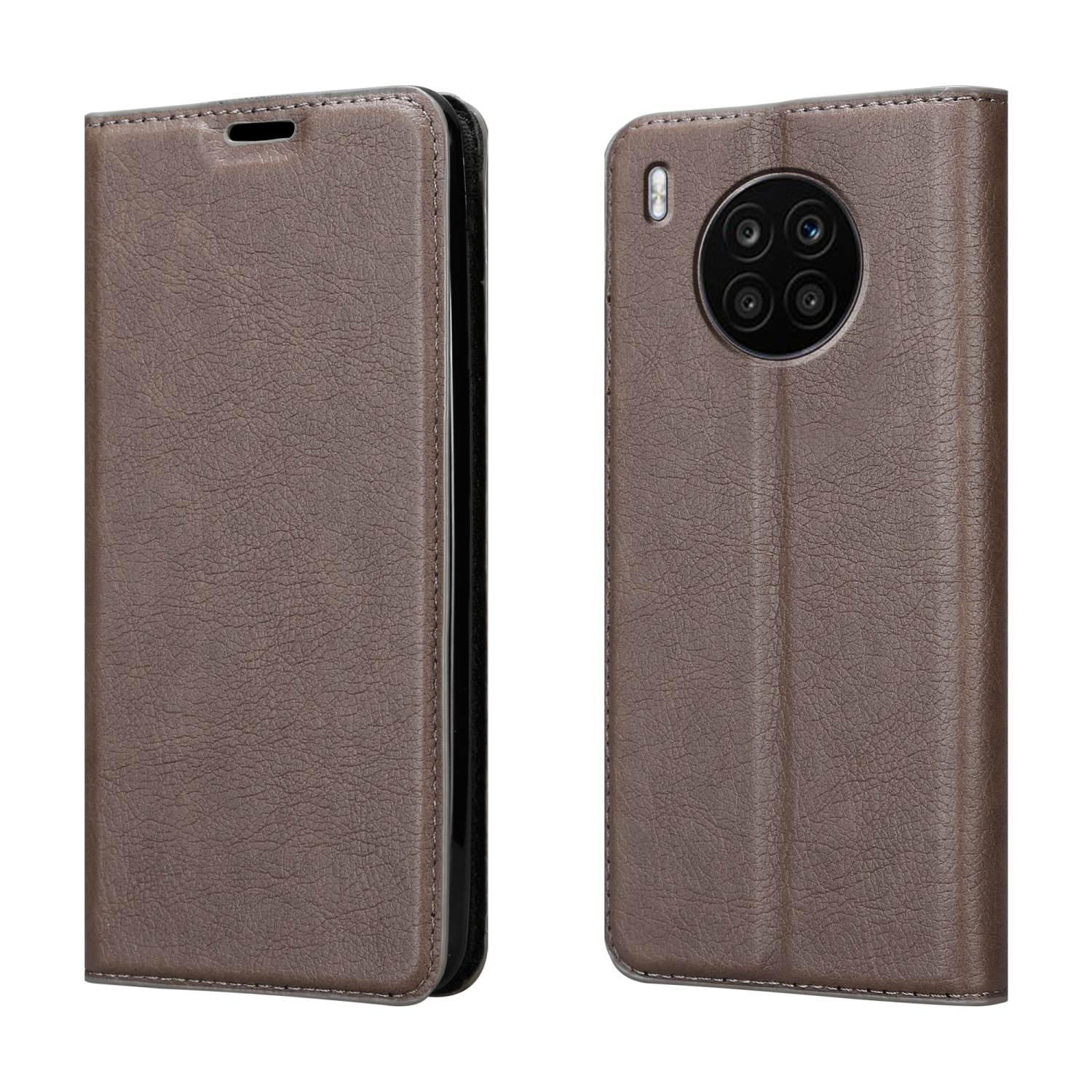 Eine braune Handyhülle, geöffnet, um das Telefon zu zeigen. Das Telefon hat vier Kameras.