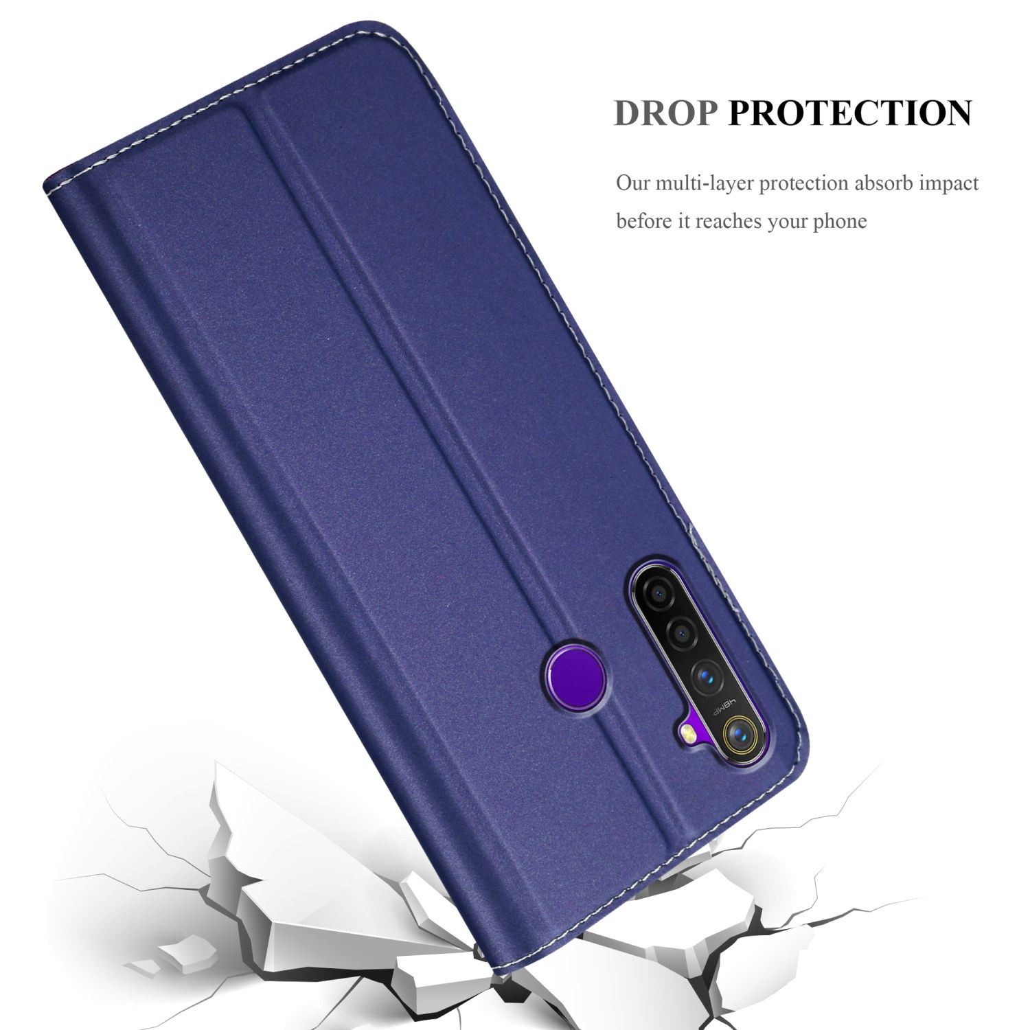 Custodia blu con telefono e testo 'DROP PROTECTION' su terreno spaccato.
