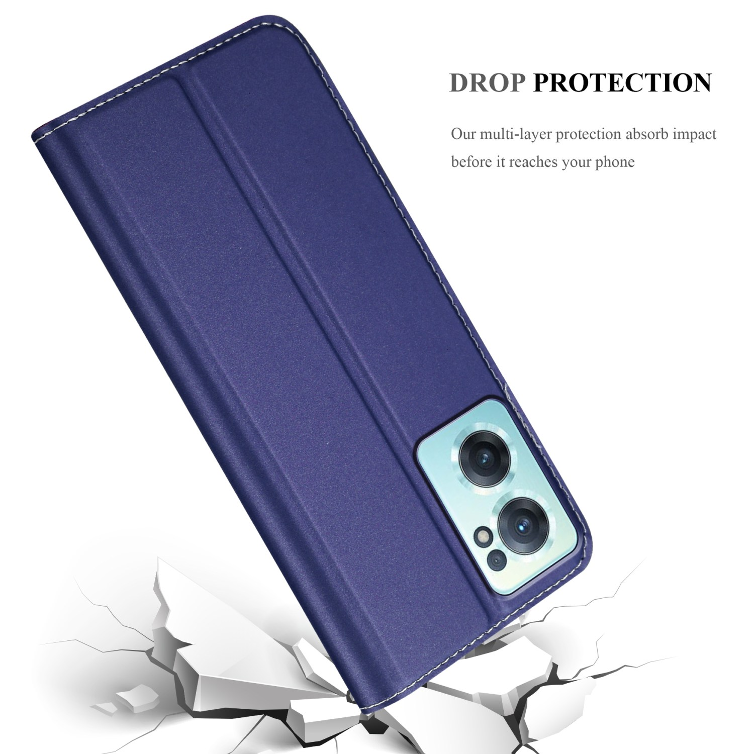 Una custodia blu con un telefono all'interno, appoggiata su una superficie bianca crepata. Testo: 'DROP PROTECTION'.