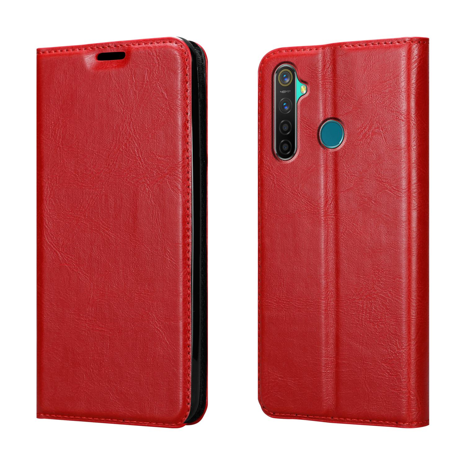 Custodia per telefono in pelle rossa, chiusa e aperta, che mostra il telefono all'interno.