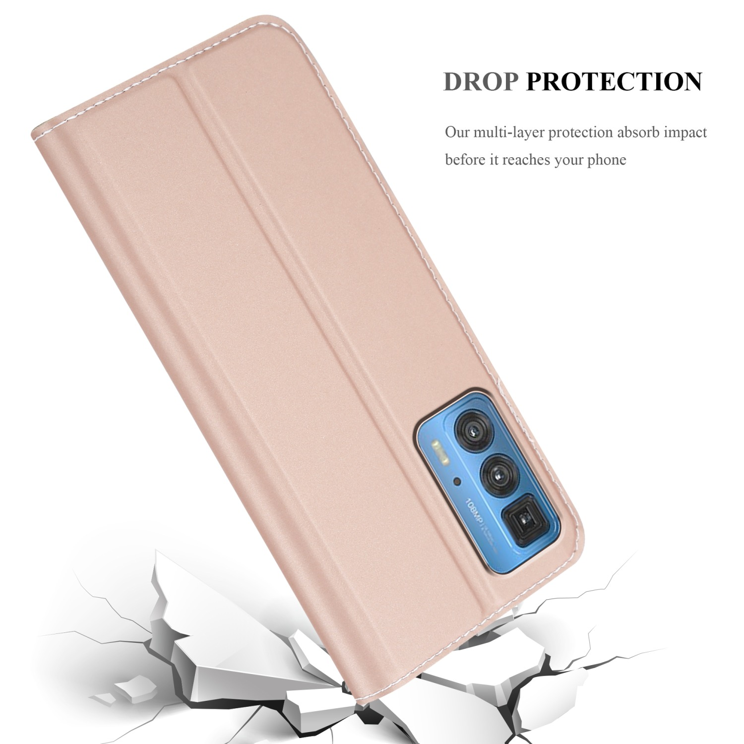 Una custodia per telefono rosa è mostrata aperta. Il telefono è visibile e il testo DROP PROTECTION è visualizzato.