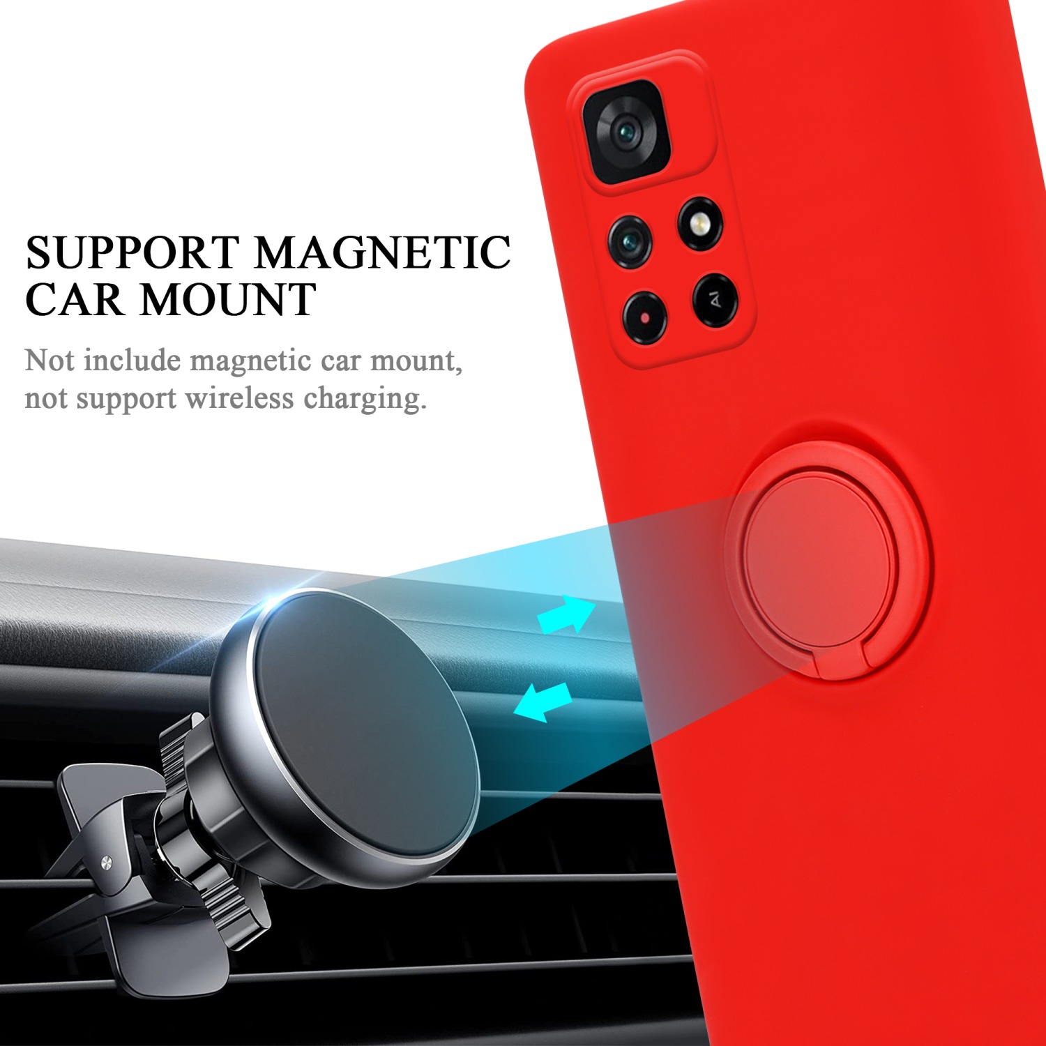 Custodia per telefono rossa con anello, supporto magnetico per auto e testo: Support Magnetic Car Mount.