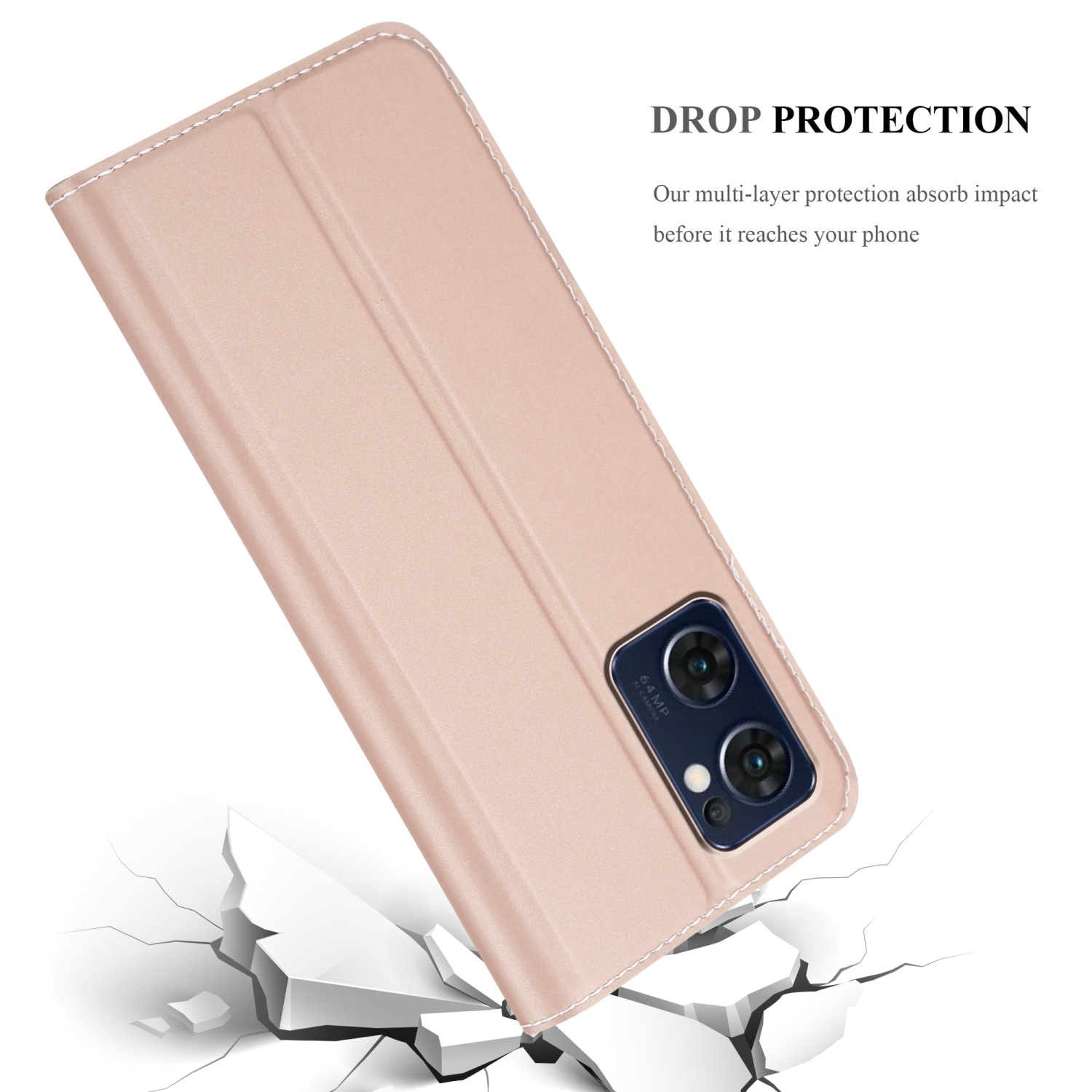 Custodia per telefono rosa con cuciture bianche. La custodia è incrinata, mostrando un telefono. Testo: 'Drop Protection'.