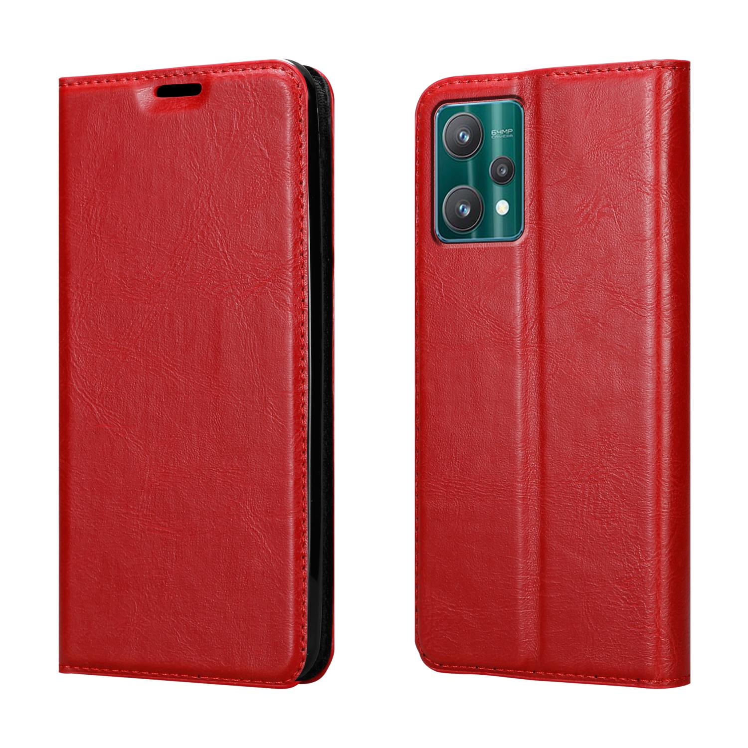 Custodia rossa per telefono, aperta. Texture simile alla pelle. Interno nero con telefono visibile.