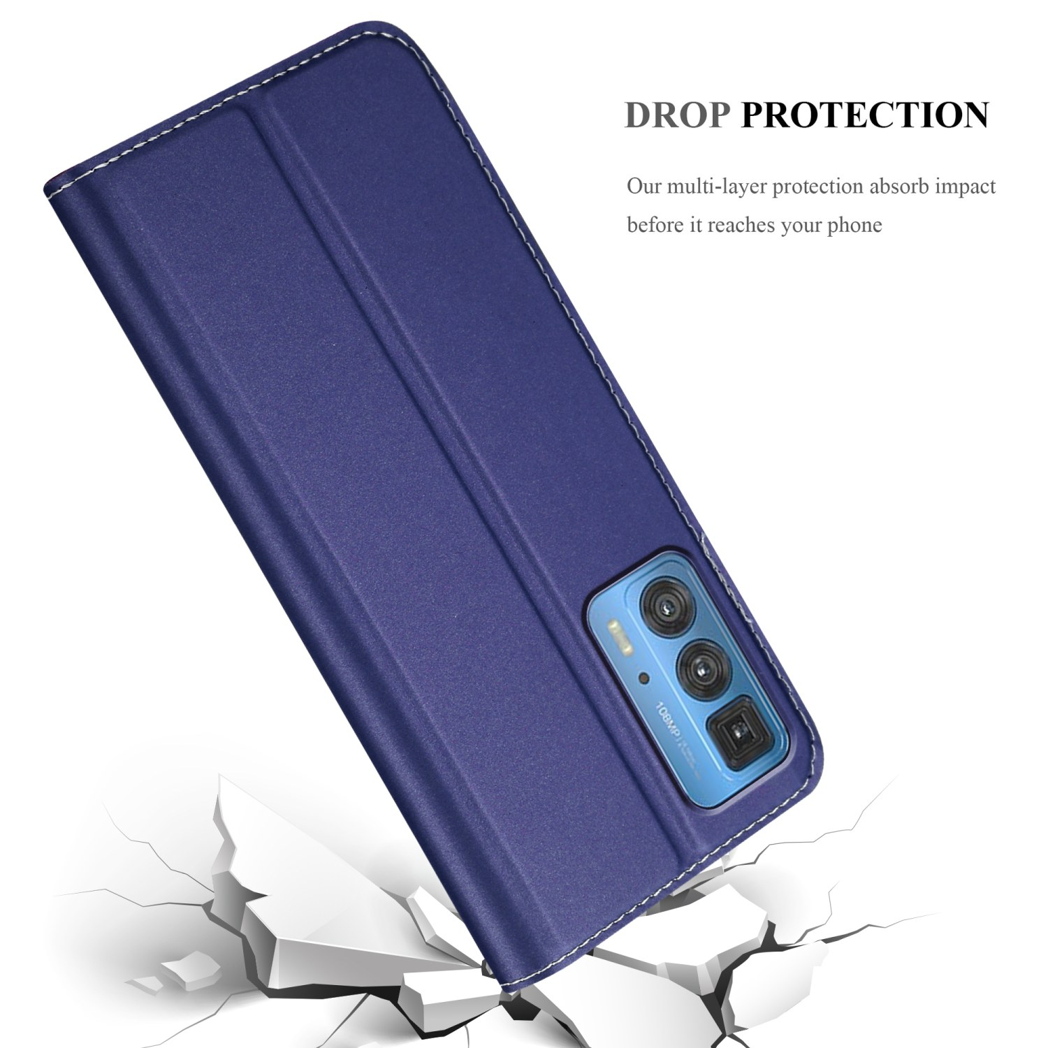 Custodia blu con telefono all'interno, su superficie crepata, con testo: DROP PROTECTION.