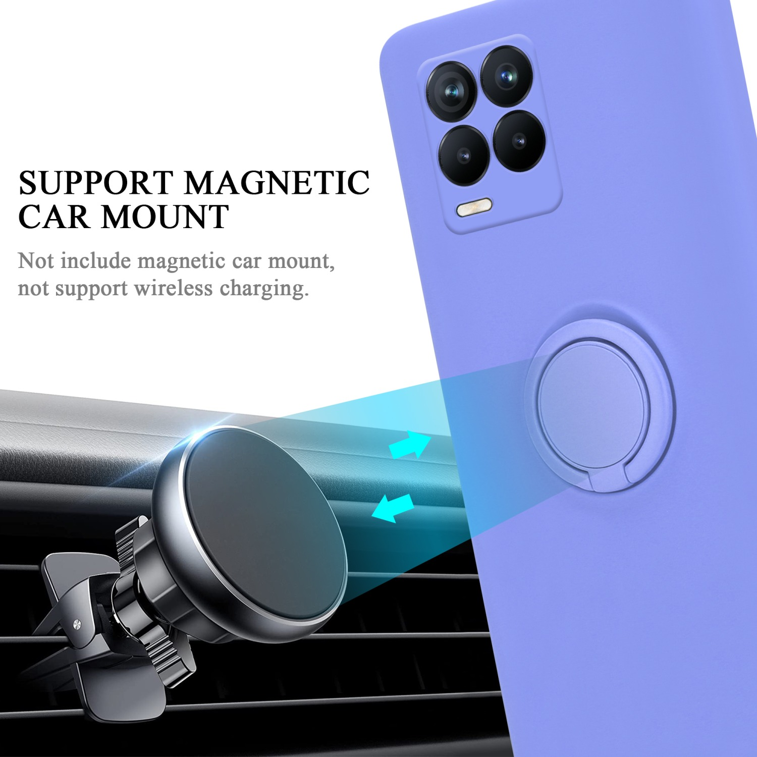 Telefono viola con supporto ad anello e supporto magnetico per auto.