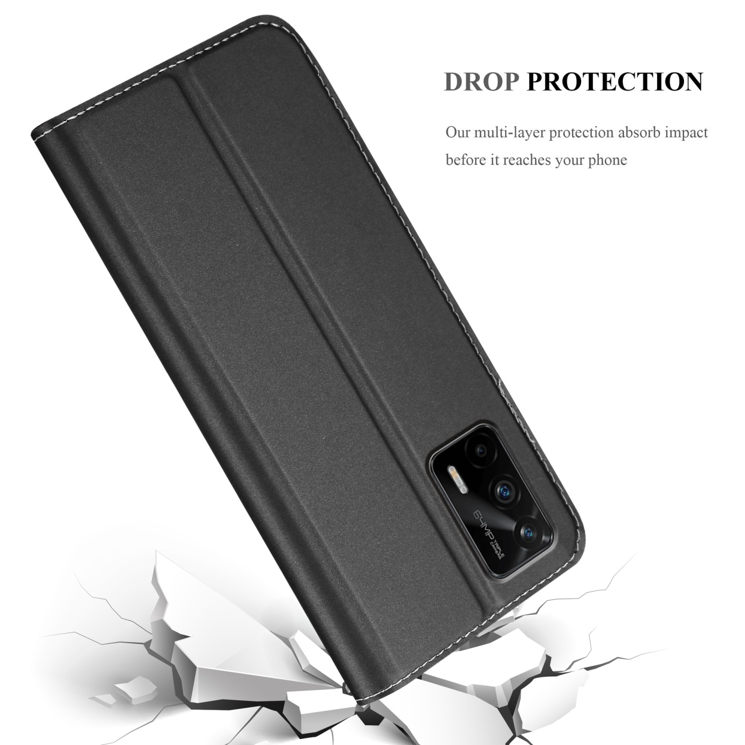 Custodia nera con cuciture bianche. La custodia è aperta. Testo: 'DROP PROTECTION'.