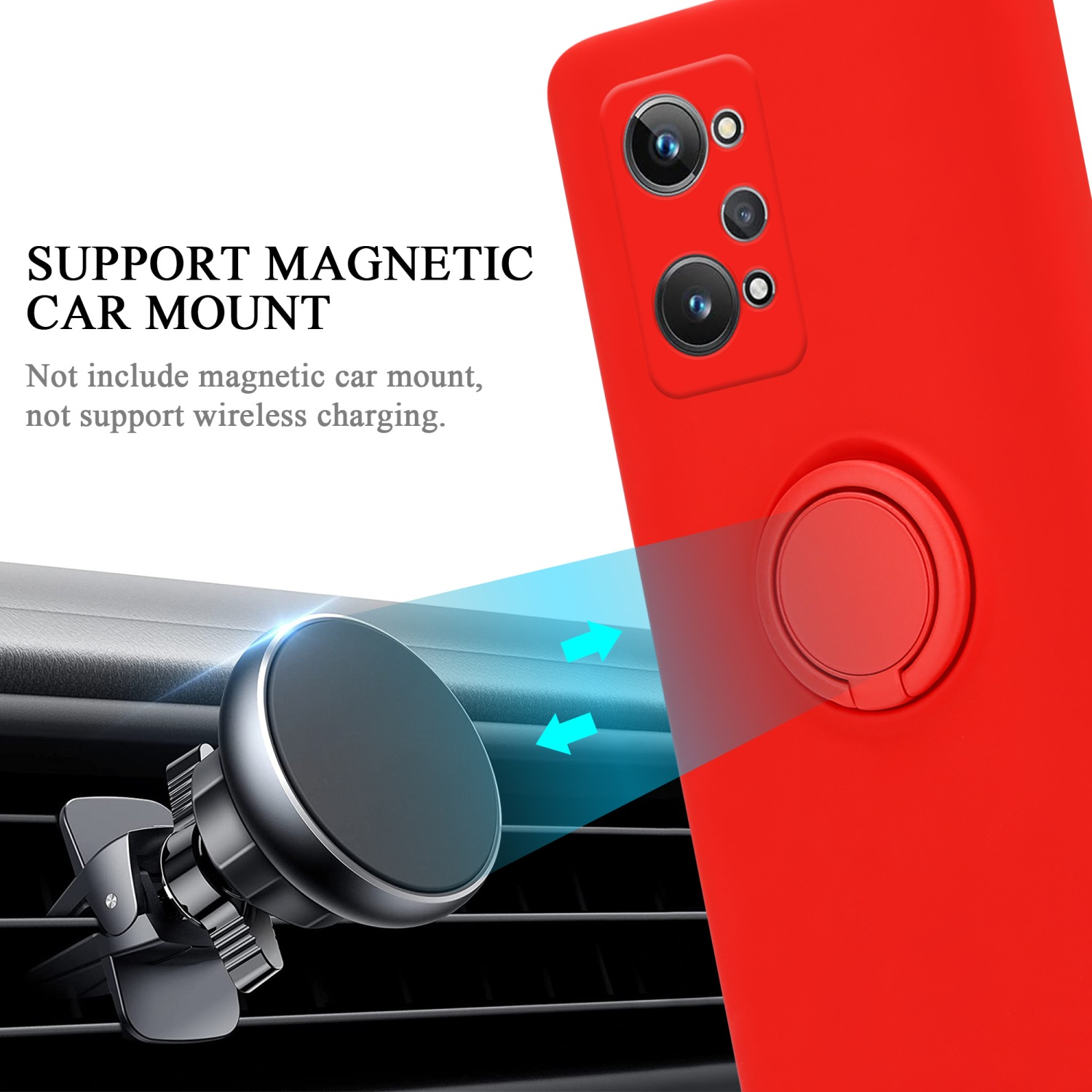 Custodia per telefono rossa con anello di supporto e supporto per auto. Primo piano con accessori.
