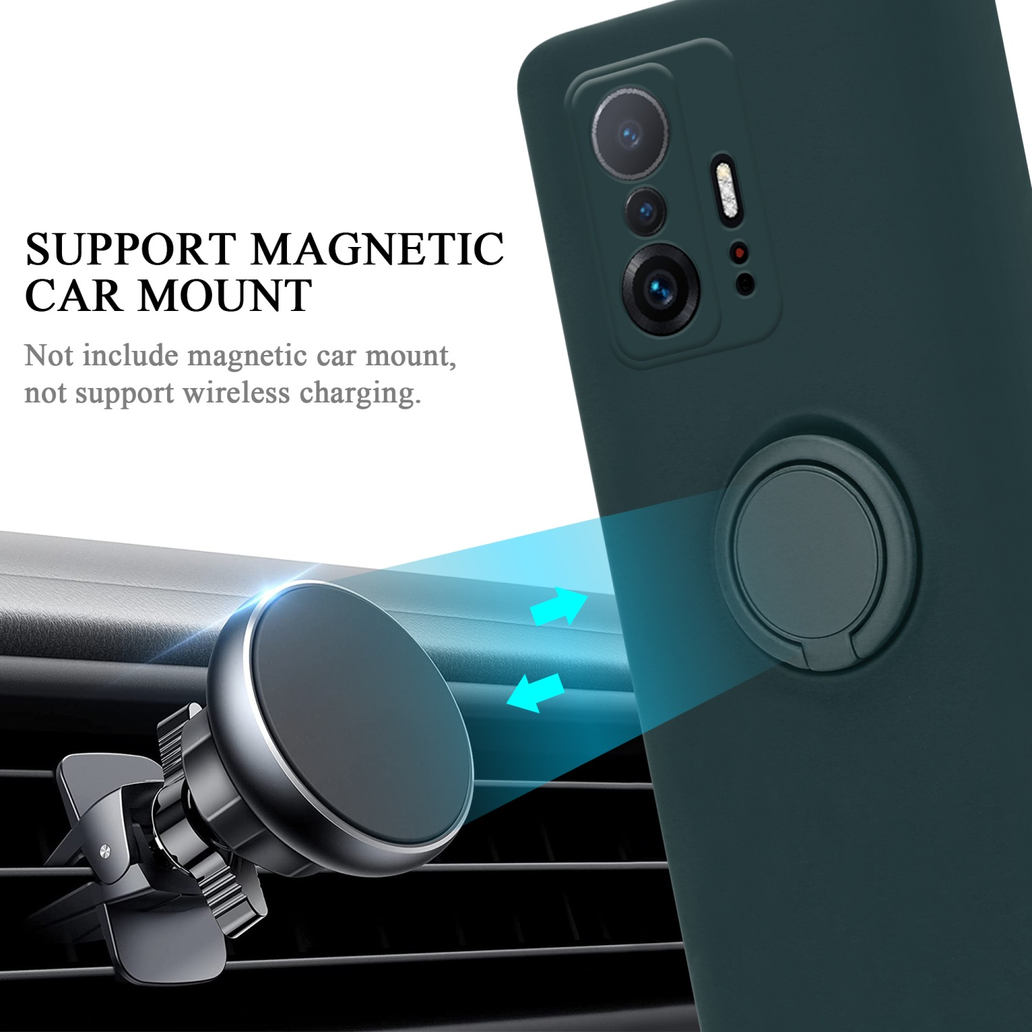 Supporto per bocchetta dell'auto con custodia per telefono. Il testo recita 'SUPPORT MAGNETIC CAR MOUNT'.