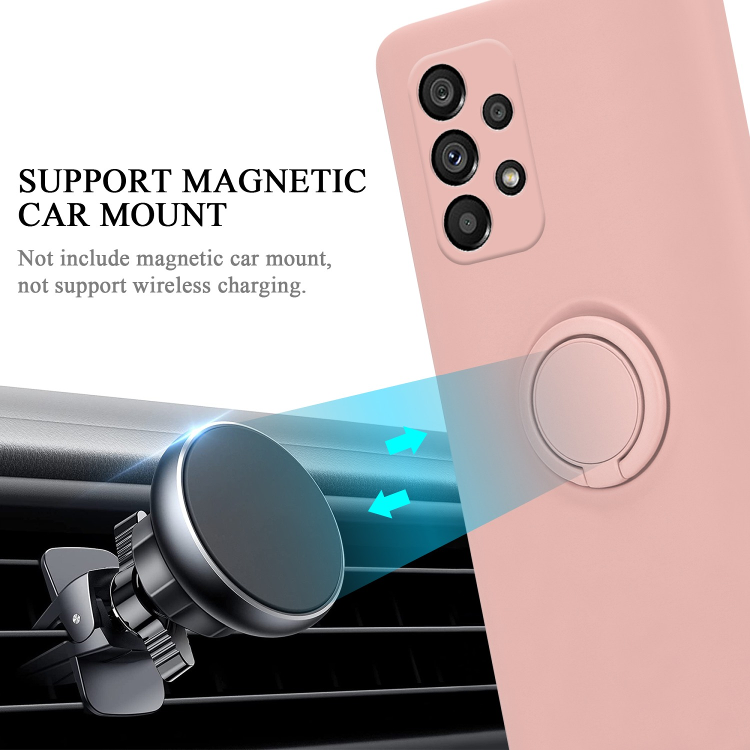 Una custodia per telefono rosa con un supporto per auto. Viene utilizzato un supporto magnetico per auto.