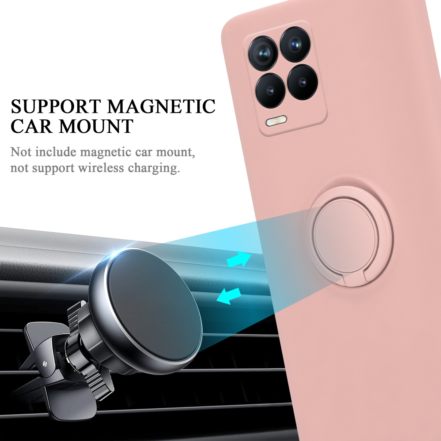 Un telefono rosa con supporto per auto. Le frecce indicano la connessione magnetica.