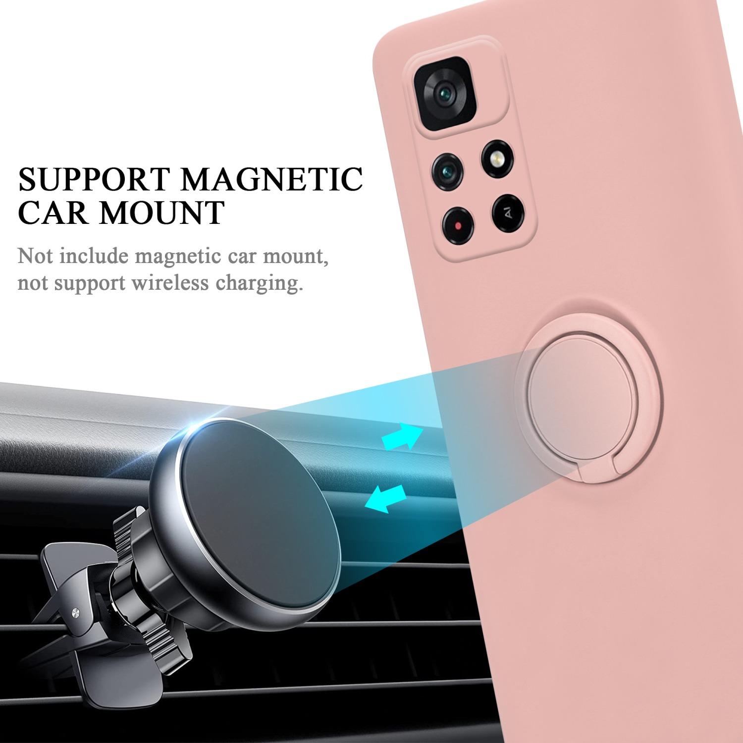 Una custodia per telefono rosa con un supporto ad anello argentato è accanto a una presa d'aria per auto. Il testo dice SUPPORT MAGNETIC CAR MOUNT.