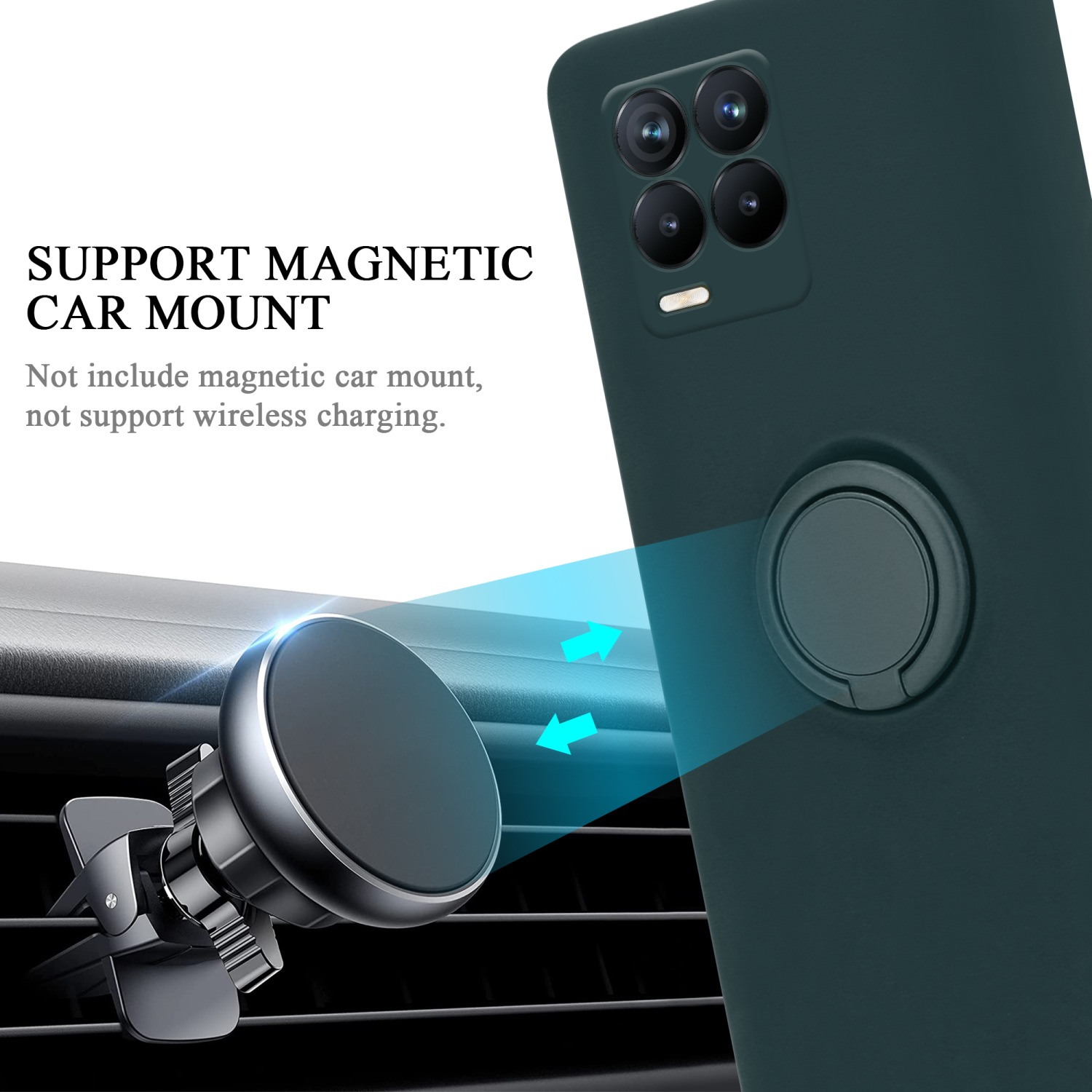 Ein Telefon mit Ringhalter neben einer Lüftungshalterung für das Auto. Das Telefon ist dunkelgrün.