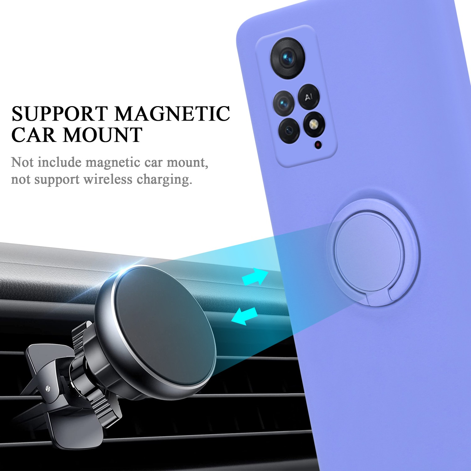 Custodia viola con supporto ad anello e telefono. Un supporto magnetico per auto a sinistra.