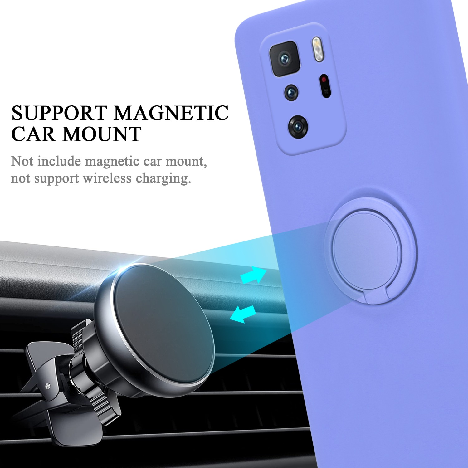 Eine Telefonhülle an einer Lüftungsöffnung im Auto, mit einem Pfeil, der die Magnethalterung zeigt.