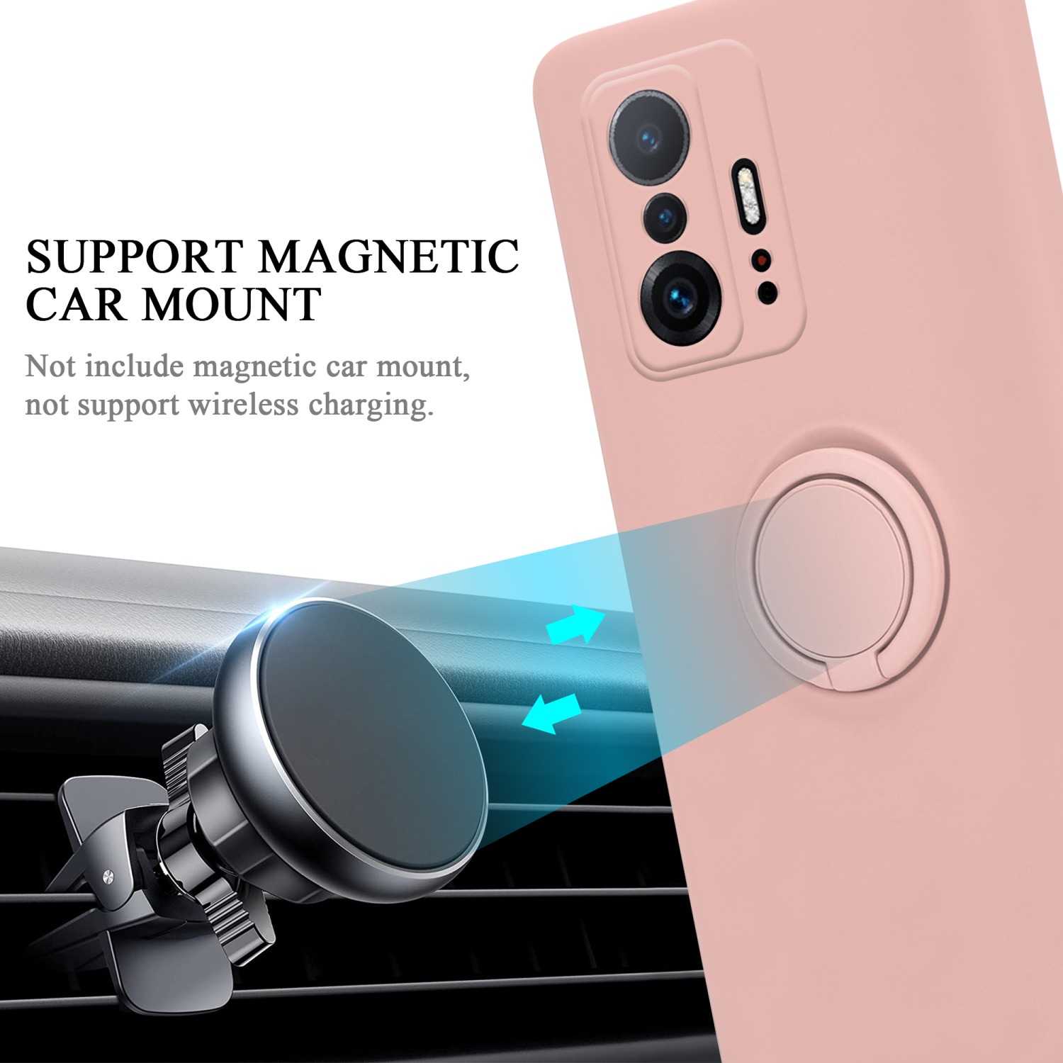 Telefono rosa con supporto ad anello, un supporto magnetico per auto accanto e testo sulle funzionalità.