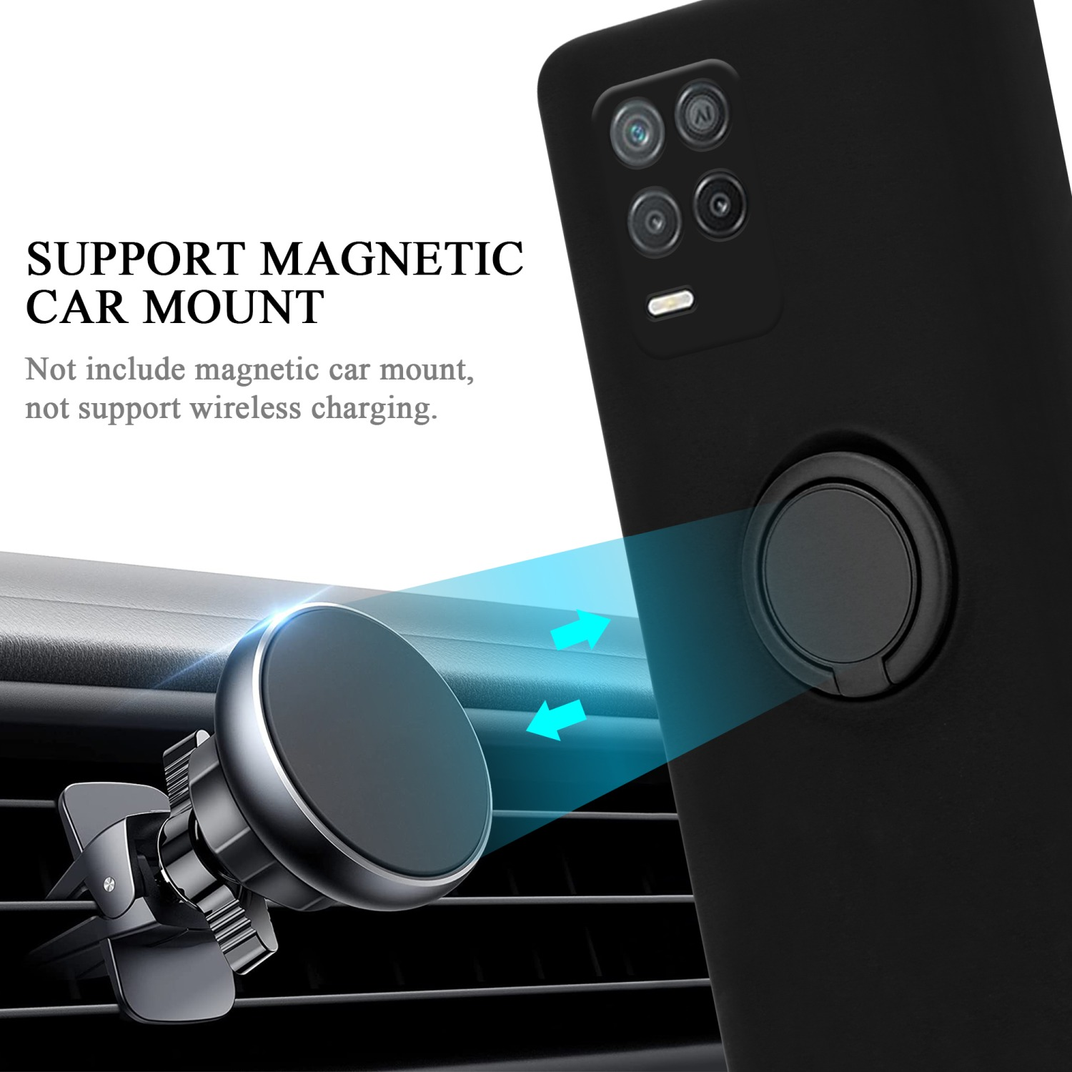 Telefono nero con supporto ad anello attaccato a un supporto per auto. Testo sul supporto.
