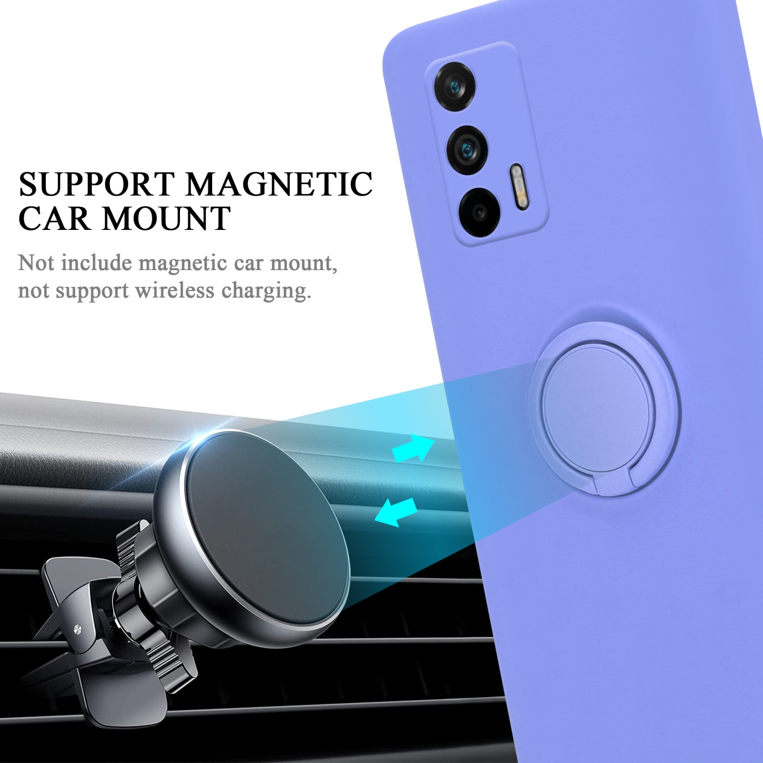 Una custodia per telefono viola con un supporto ad anello, accanto a una presa d'aria dell'auto con un supporto magnetico.