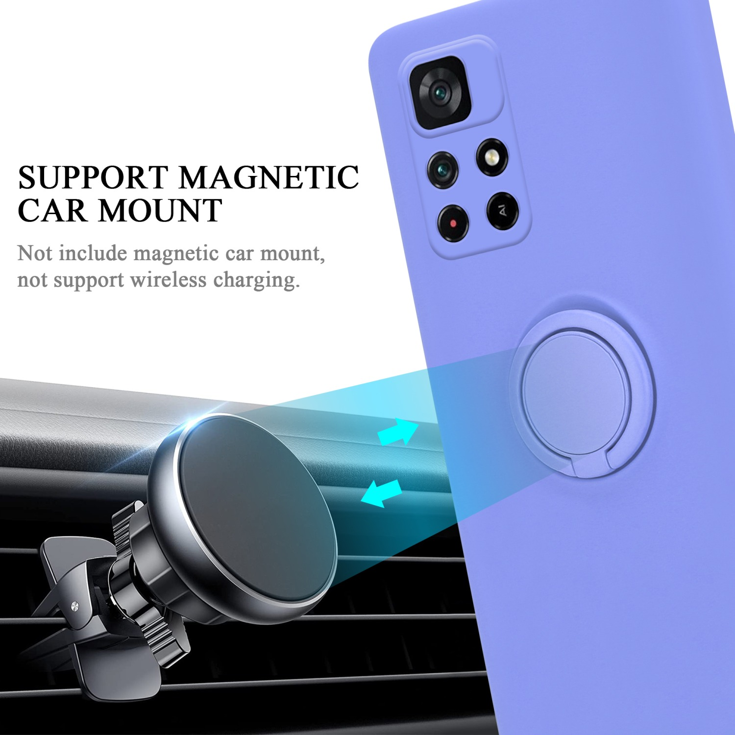 Custodia viola per telefono con supporto ad anello. Un supporto per auto e frecce indicano il supporto per supporti magnetici per auto.