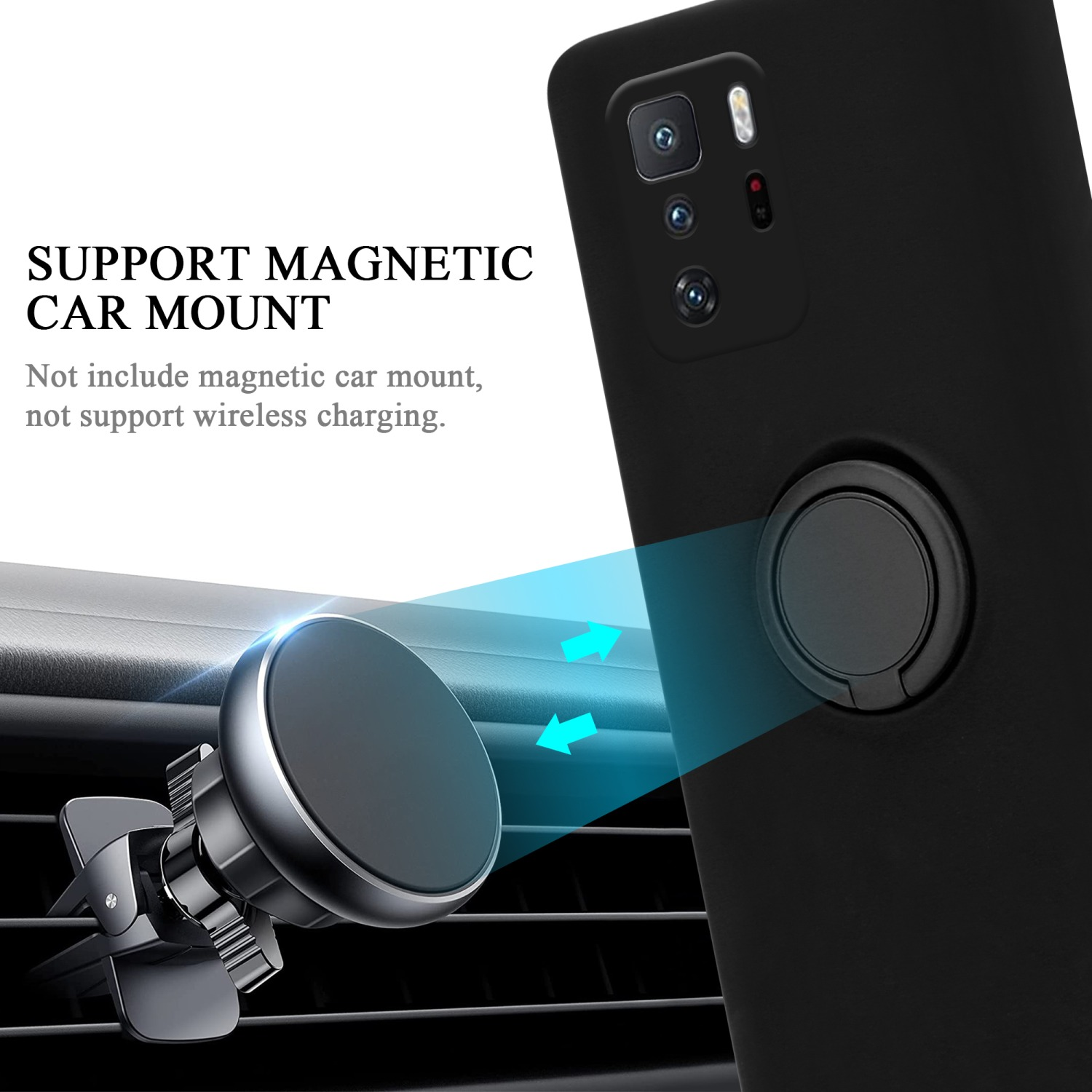 Eine schwarze Smartphone-Hülle mit einem Magnetring und einer silbernen Autohalterung.