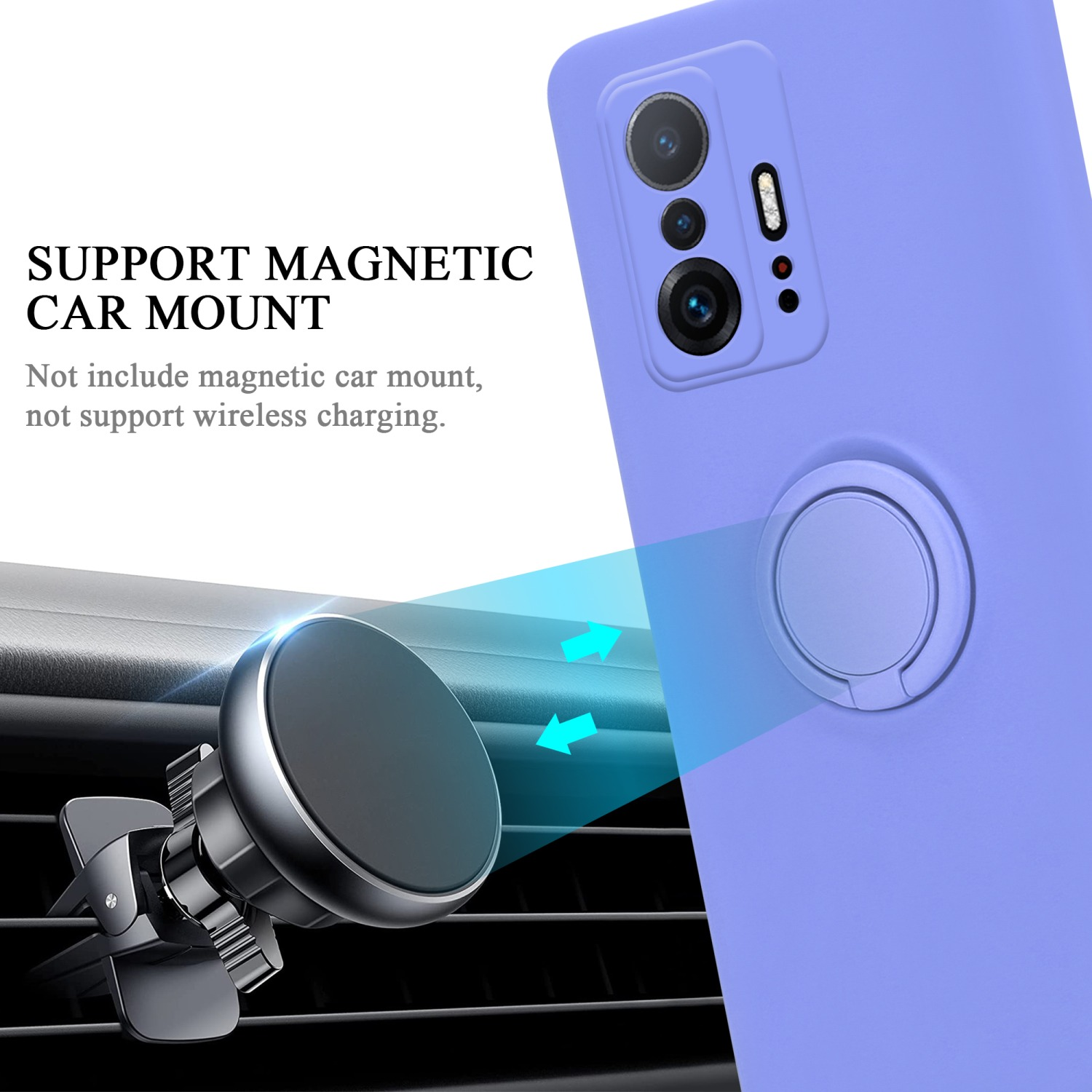 Un telefono viola con supporto magnetico per auto, montato su una presa d'aria. Testo: 'Support Magnetic Car Mount'.
