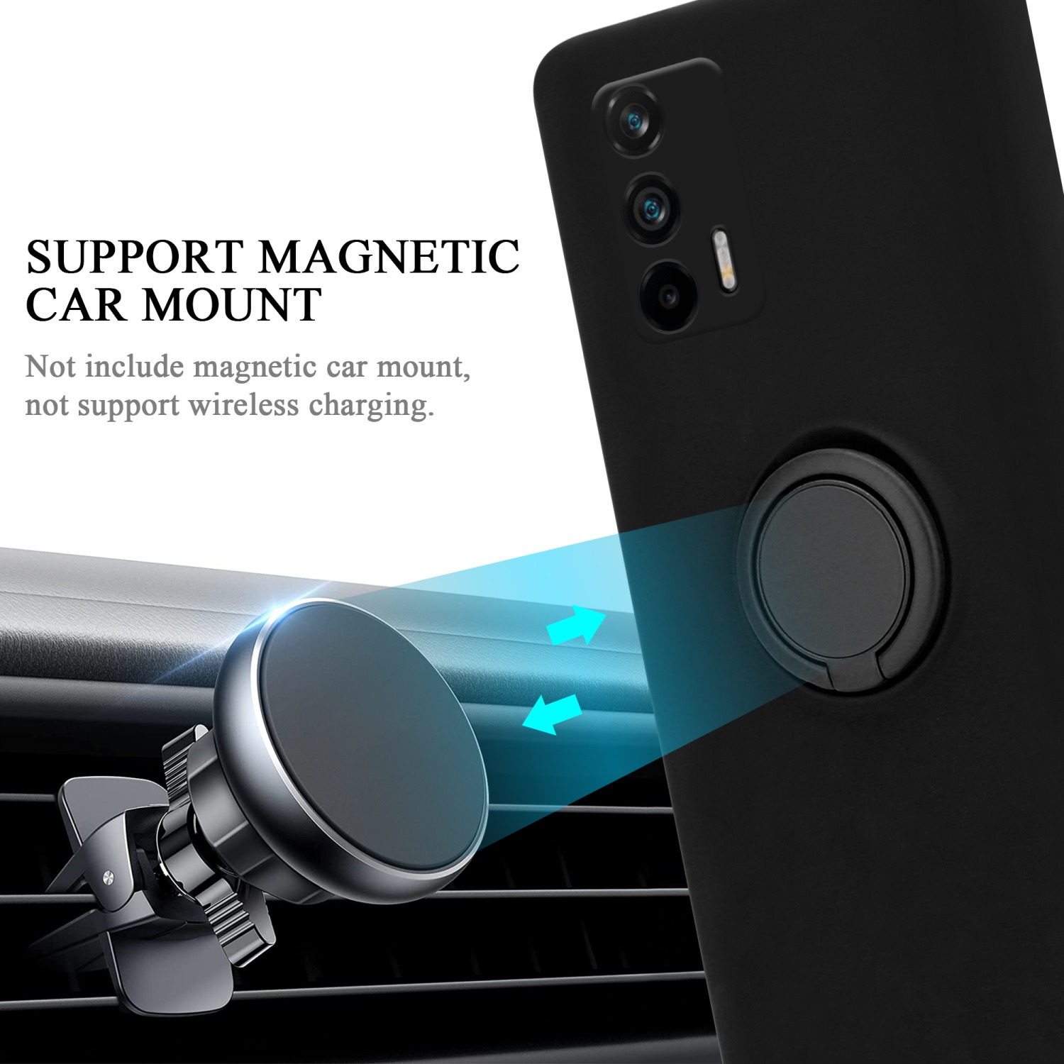 Un telefono collegato a un supporto magnetico per auto, con frecce e testo.