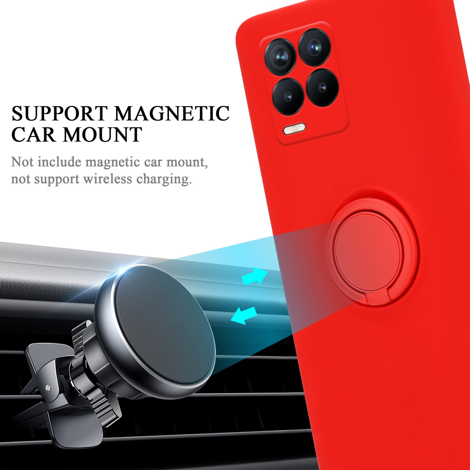 Una custodia rossa con supporto ad anello magnetico, montata sulla presa d'aria dell'auto.