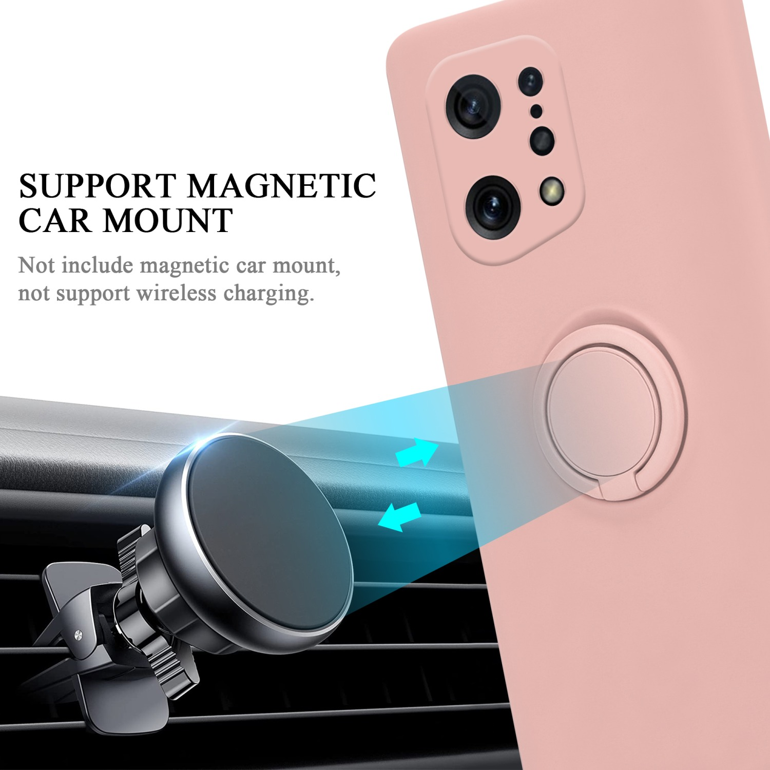 Una funda de teléfono rosa con un soporte de anillo, que se muestra en la ventilación de un automóvil.
