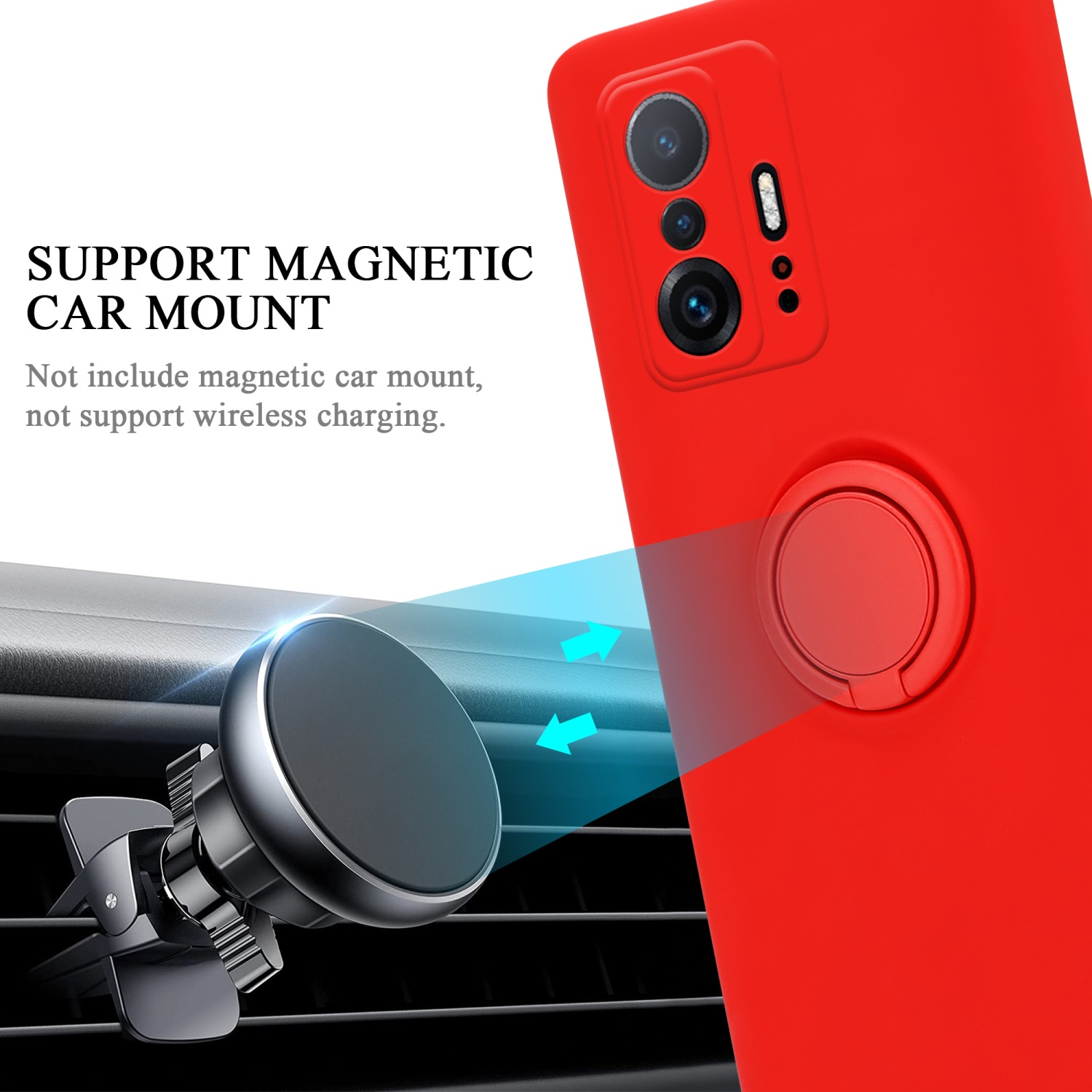 Una custodia per telefono rossa con un supporto ad anello e un supporto per auto. C'è un primo piano di un telefono e della sua fotocamera.