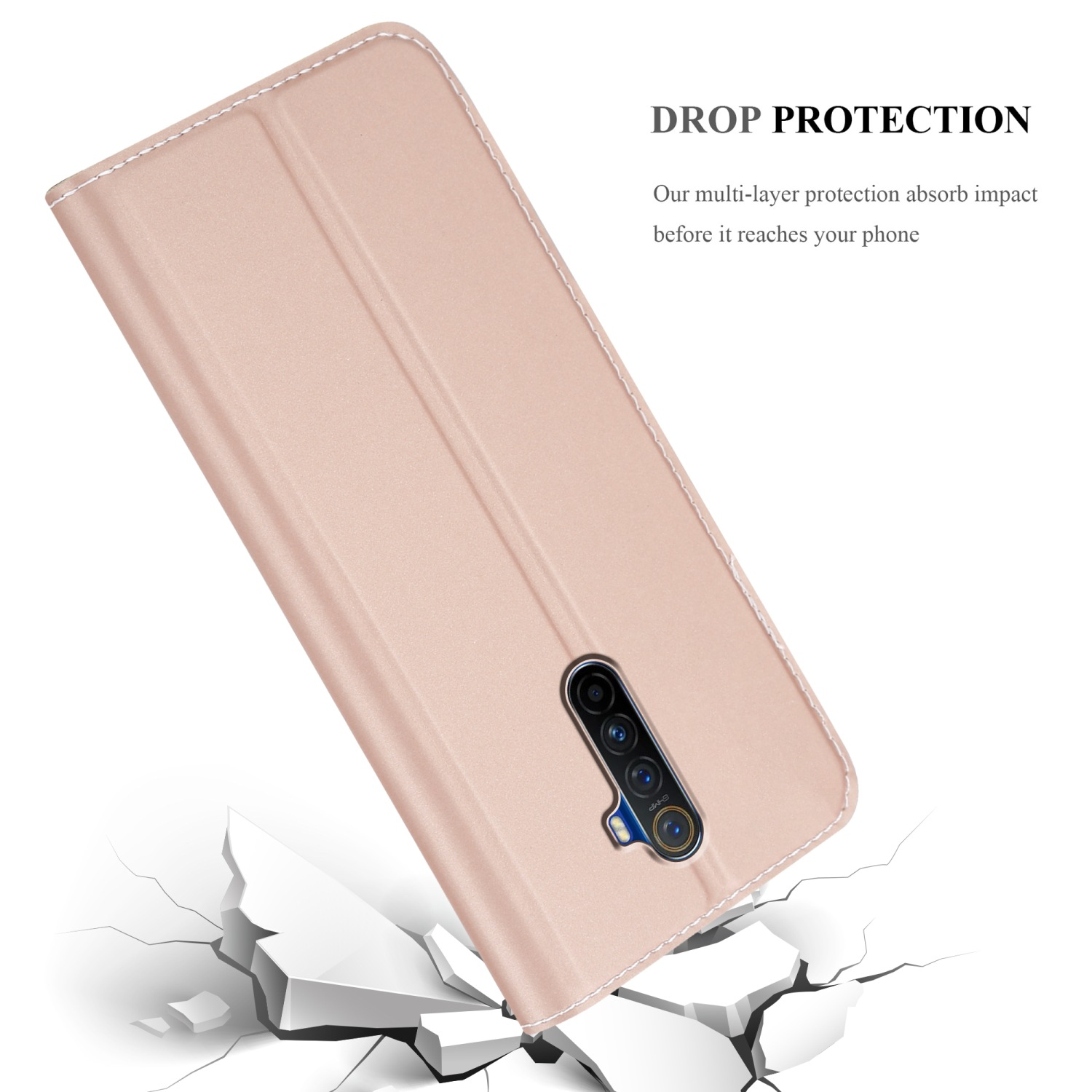 Una custodia per telefono rosa con un telefono all'interno, che mostra un effetto di terreno rotto e una descrizione della protezione dalle cadute.