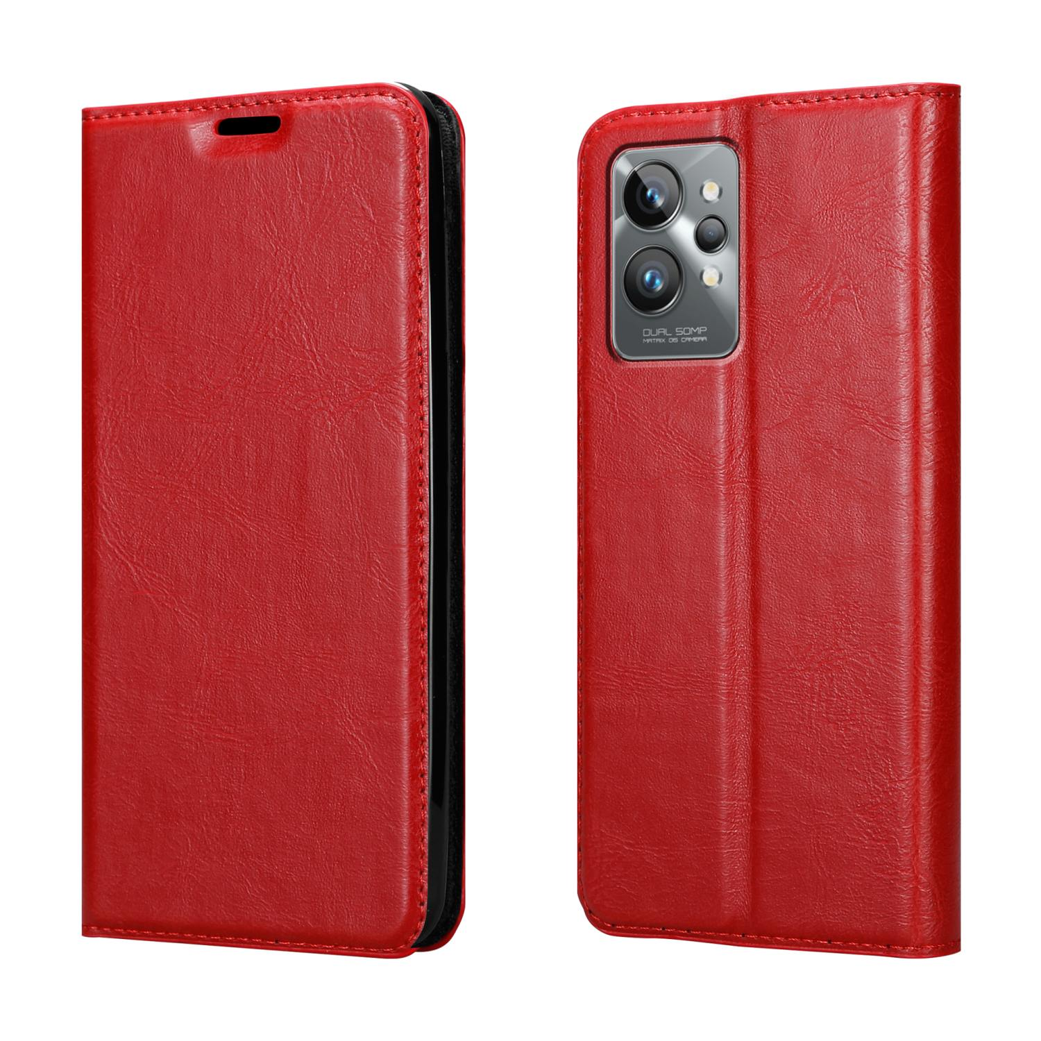 Custodia rossa per telefono, aperta e chiusa. La custodia ha una texture in pelle con cerniera nera.